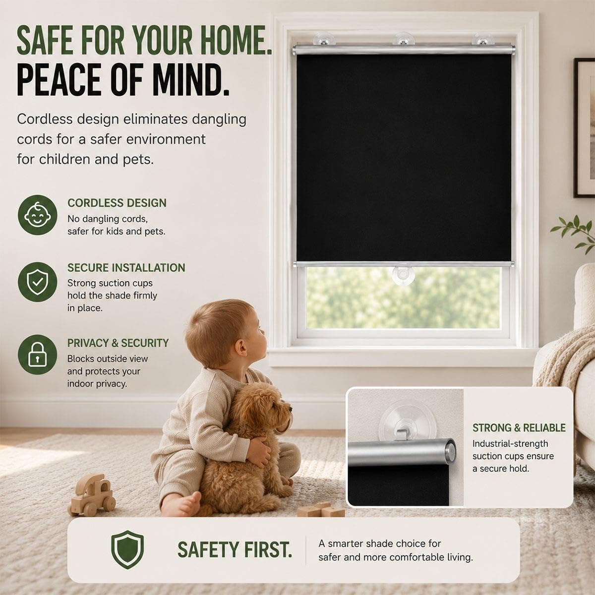 Tende Oscuranti Senza Forare per Finestre, Tende a Rullo con Ventose, Avvolgibili Retrattili per Camera, Ufficio, Camper, Viaggio e Casa in Affitto, per Privacy, Nere(W 70 x 80 cm)