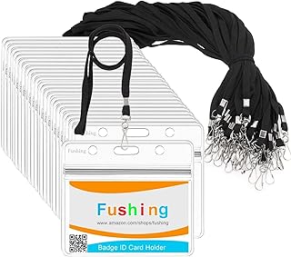 Fushing 50Pcs Clear Plastic Horizontal Name Tags Badge ID Card Holders and 50Pcs Flat Neck Lanyards with Swivel Hook