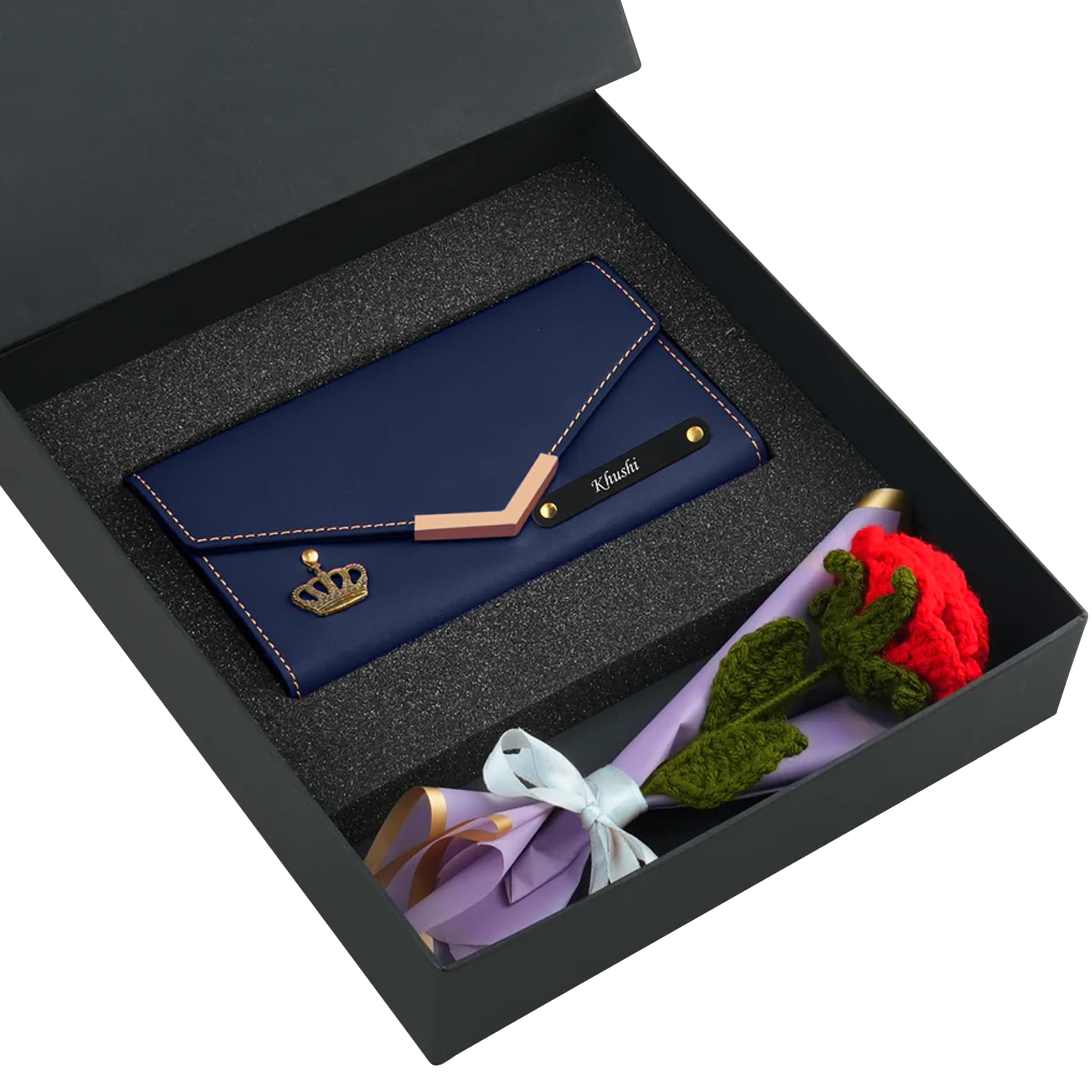 Personalized Clutch & Artificial Rose Bouquet Hamper With Personalised Note