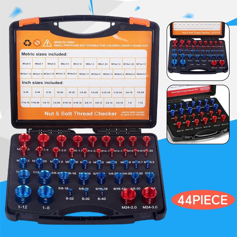 Gwinty do nakrętek i śrub, 26/44 szt. Wskaźniki do nakrętek i śrub umieszczone pojedynczo w obudowie, Identyfikator gwintu Miernik rozmiaru śruby 23 cale i 21, metryczny do wykrywania stałych śrub lub