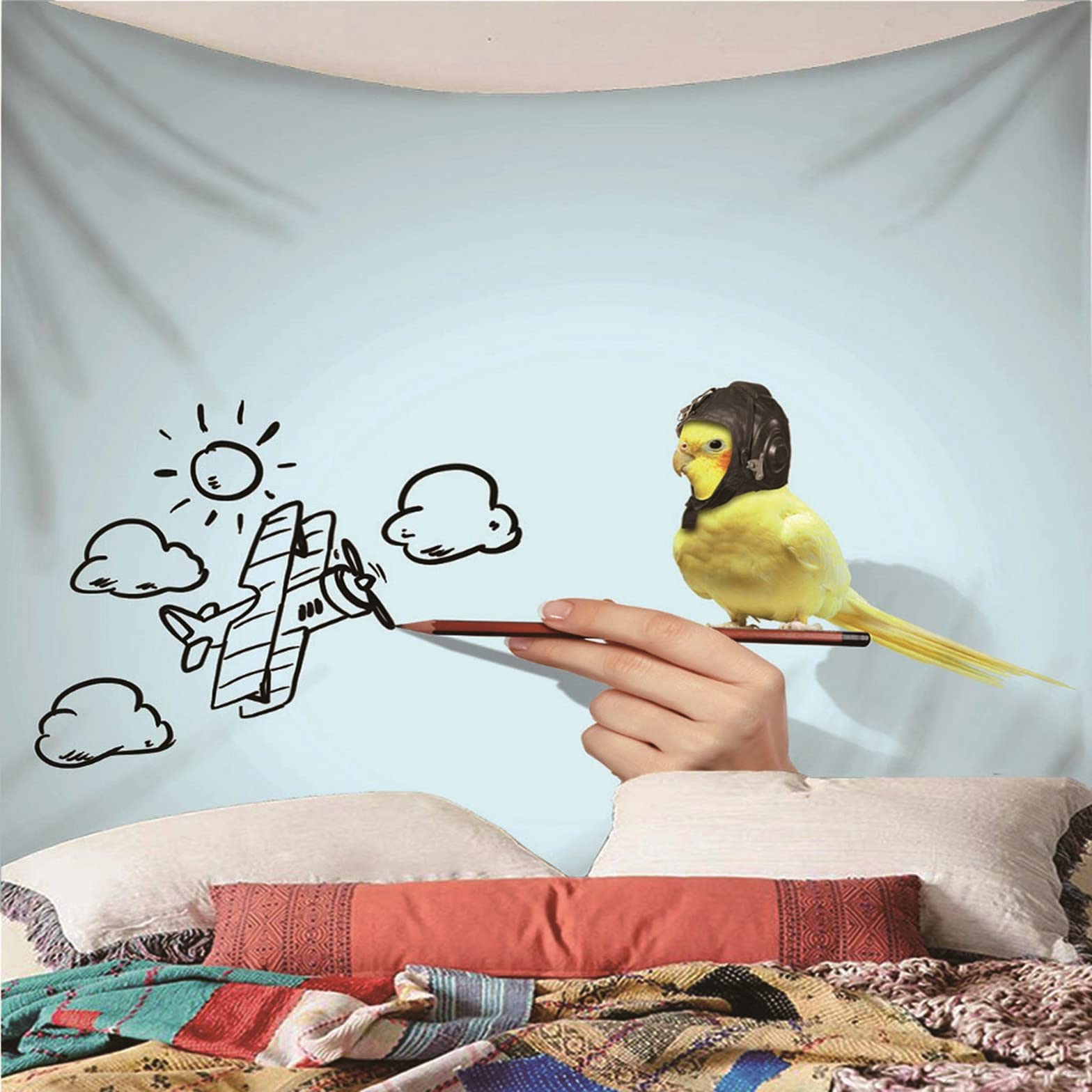 Chenlane Wandteppiche Kinder Tapisserie Schlafzimmer Malerei Und Vögel Wandteppich Vorhänge Wand Teppiche Kuche Wandbehang Dekoration Weiß Gelb 300x250cm