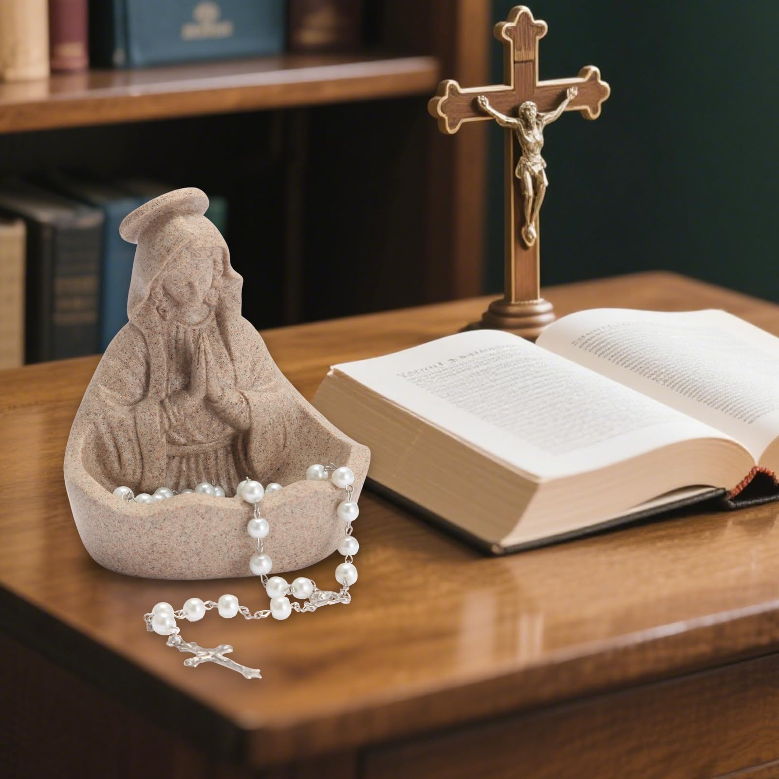 Virgin Mary Statue, Catholic Gifts for Women, Virgin Mary Keepsake Rosary Holder, 5.5" Blessed Mother Statues, Catholic Decor (Sandstone)