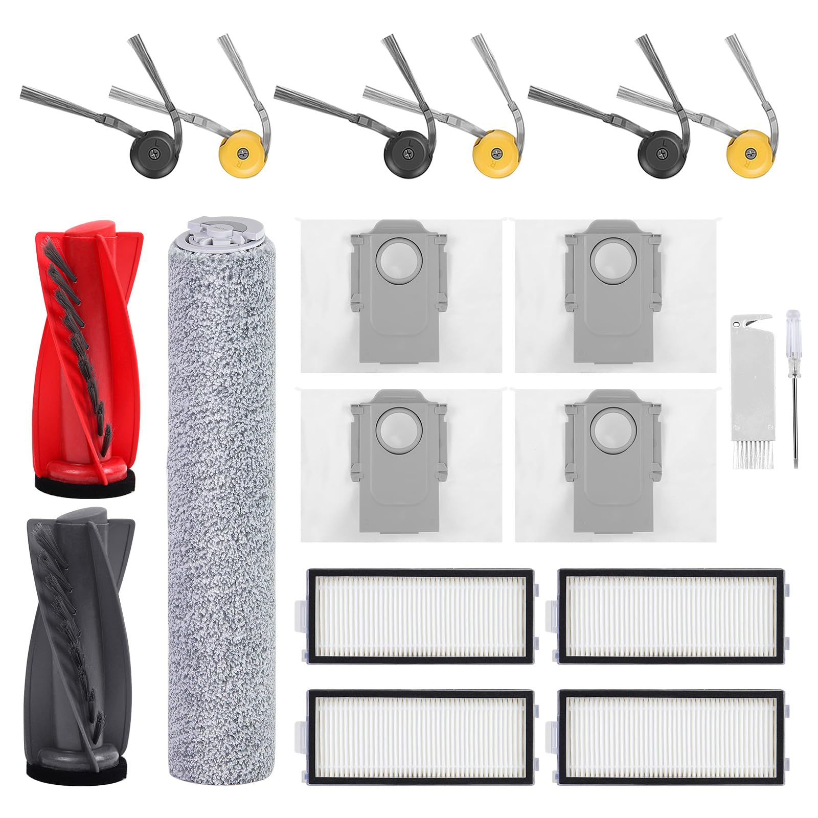 YYDSLEE 20 Stück Zubehör für Roborock Qrevo Curv/Qrevo Curv S5X/Qrevo Edge/Qrevo Edge S5A Saugroboter, 1 Hauptbürste 4 Seitenbürsten 4 Staubbeutel 4 Wischtücher 4 HEPA Filter Ersatzteile Zubehörset