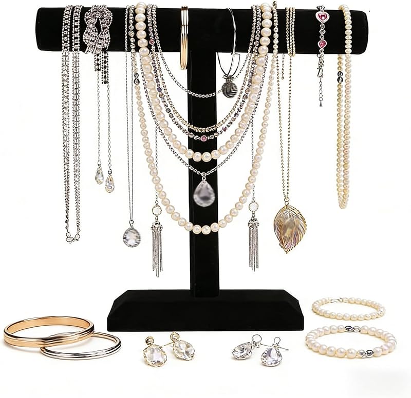 Barelove Soporte de joyería de 1 nivel, barra en T de terciopelo negro, pulsera, reloj, brazalete, collar, soporte para escaparate de organización o exhibición de tienda