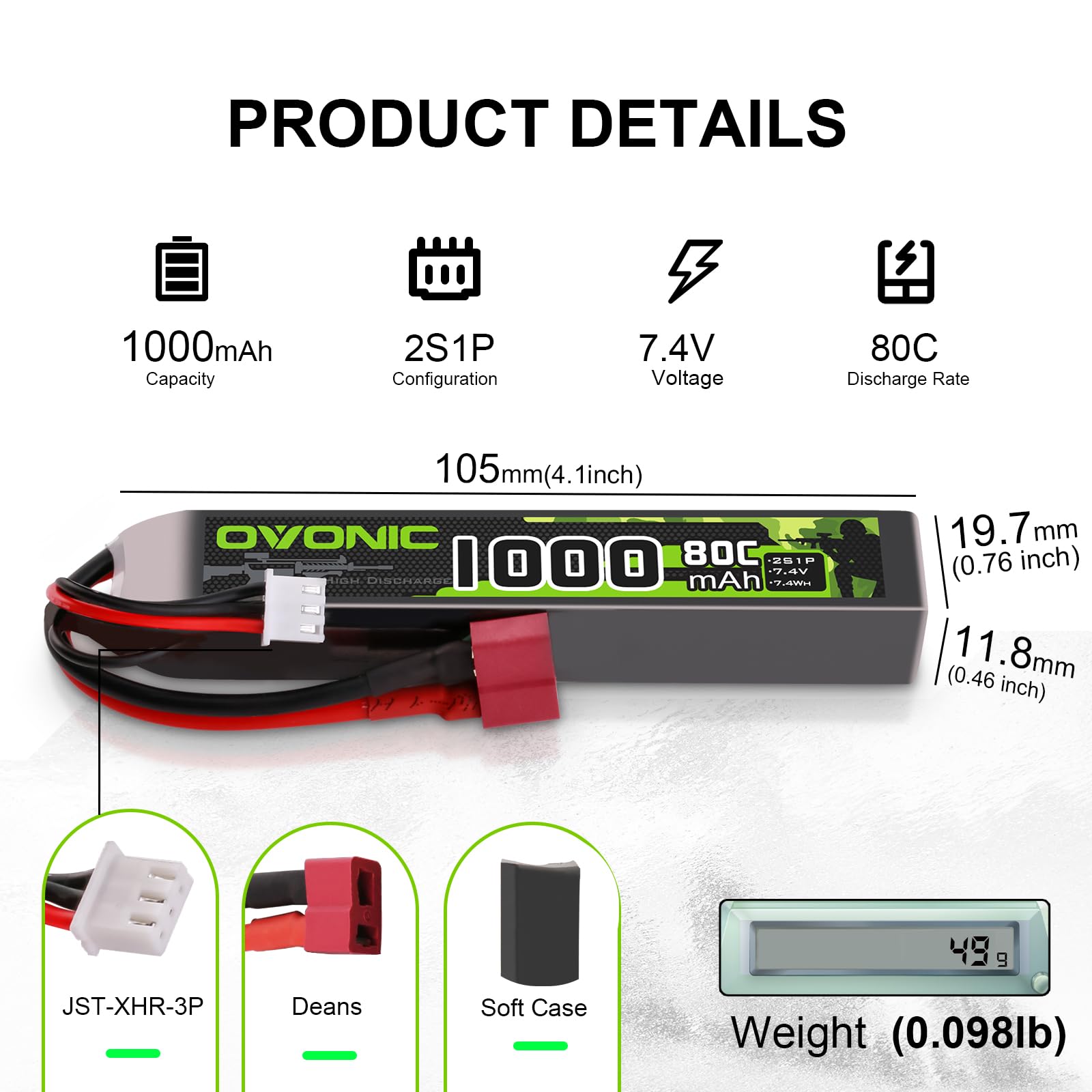 OVONIC 2S Lipo - Batteria Lipo 7,4 V, 80 C, 1000 mAh, con spina Deans T per Airsoft Guns (2 pezzi)