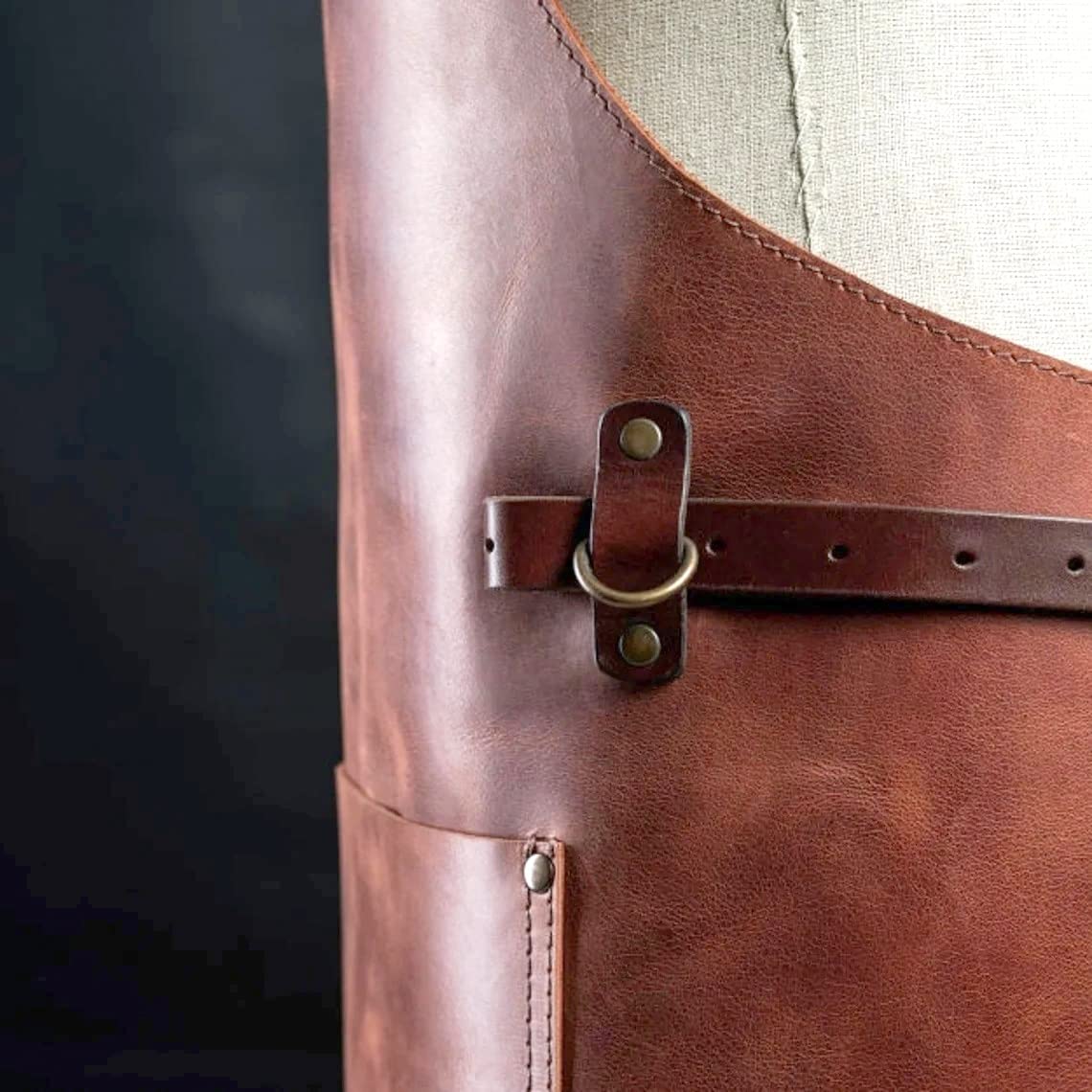 Number Seven Delantal de cuero para barbacoa, delantal de cocina para cocineros, delantal de barman, regalo de chef, ajustable de S a 4XL para hombres y mujeres, marrón, grande