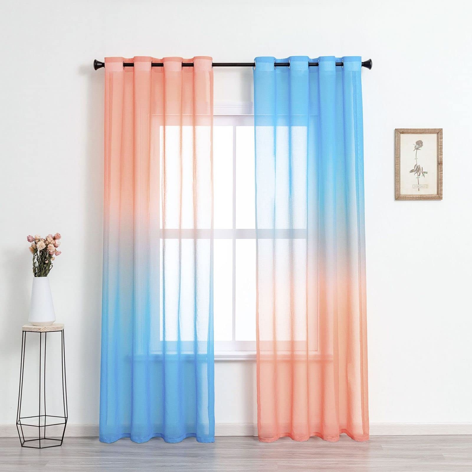 Tende Trasparenti Arancioni E Blu, Set Da 2 Pannelli 132x183 Cm, In Voile Setoso Con Tasca Per Asta, Per Soggiorno E Camera Da Letto