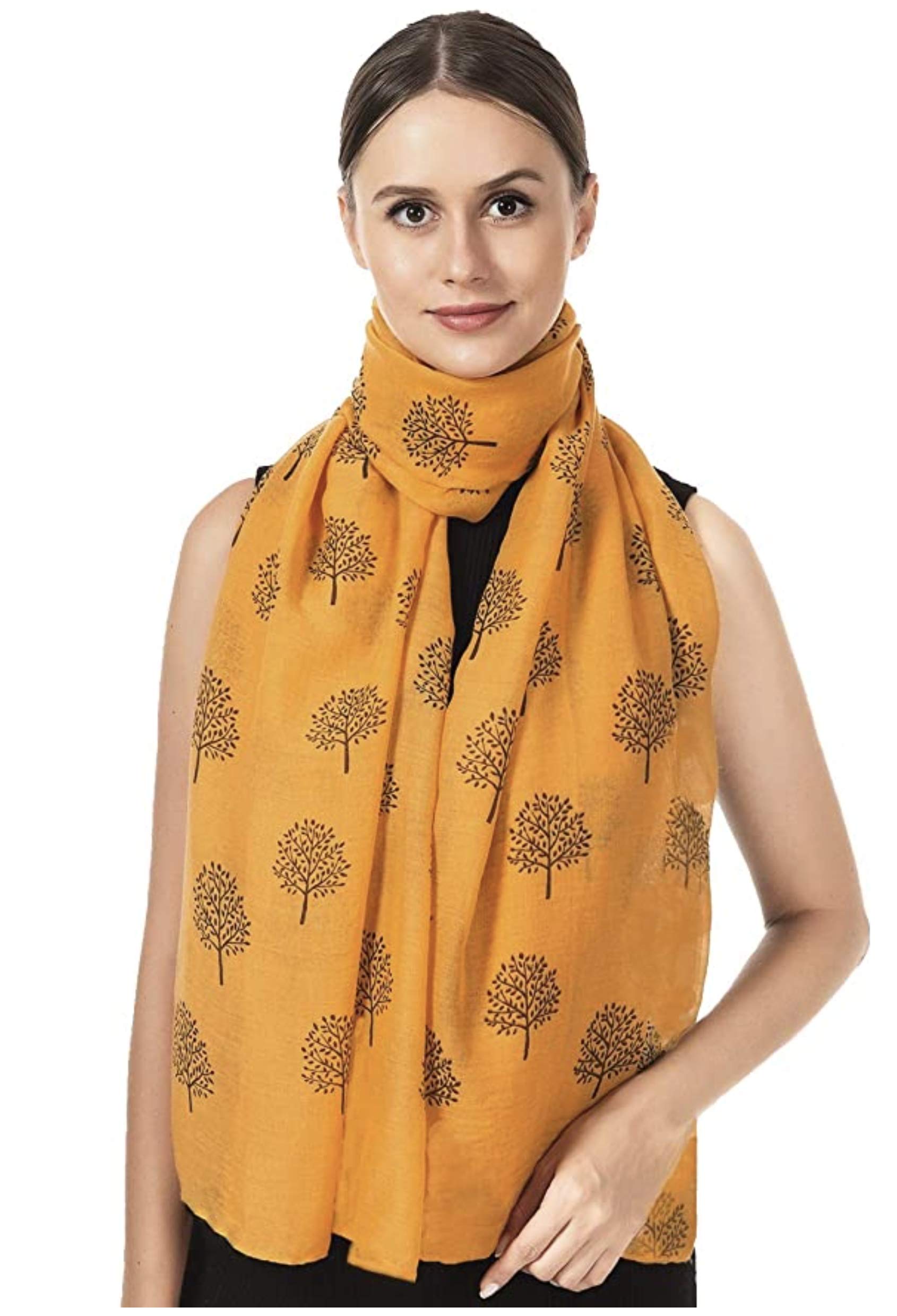 World Of Shawls Women's Mustard With Black Mulberry Tree Print Scarf New Celebrity Style Long Scarf Scarves Maxi Sarong Sale (Mustard With Black Mulberry Tree Print Scarf)