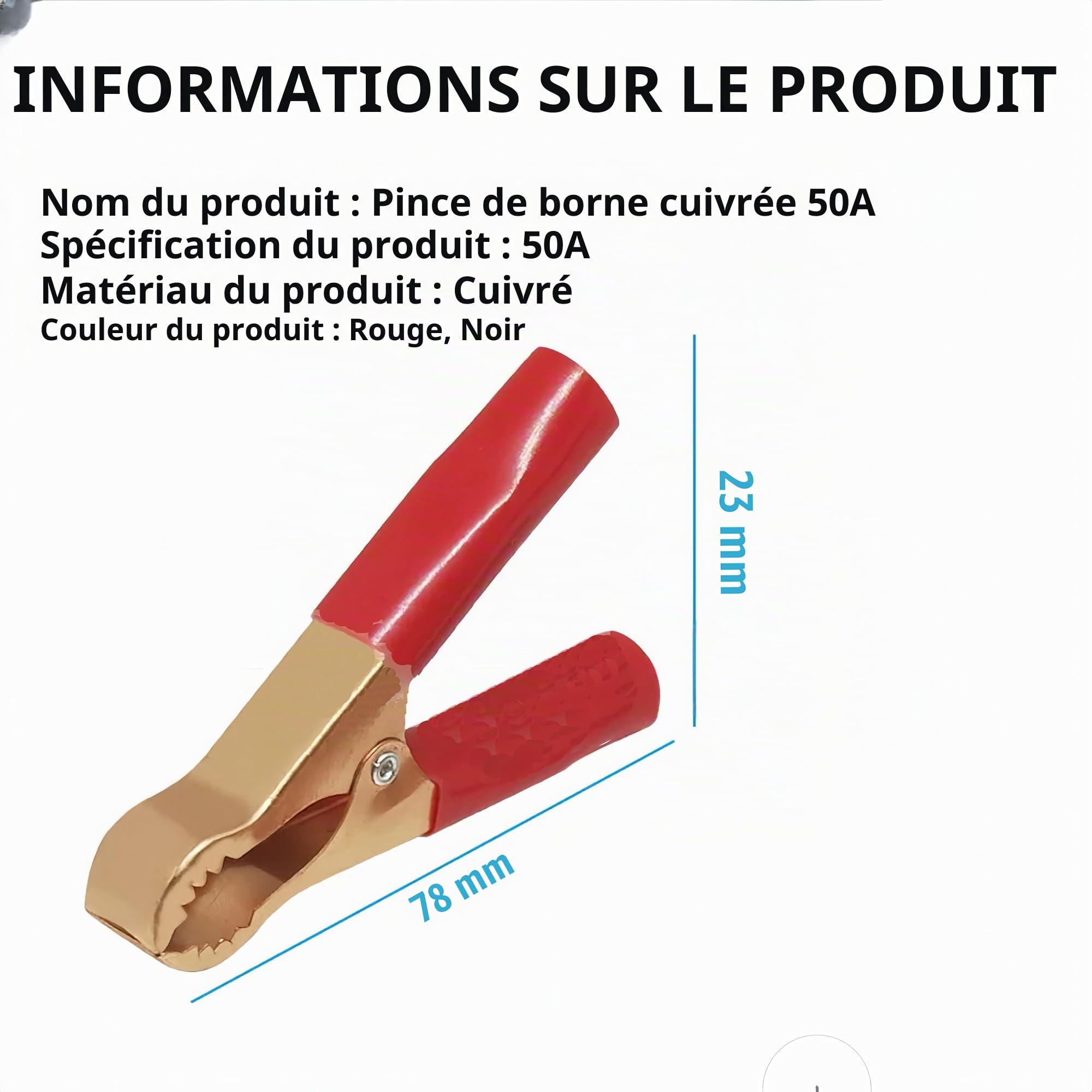 Pinces Crocodiles de Batterie 50A - 6 Pièces en Cuivre, Pince de Démarrage Voiture, 80mm, Rouge et Noir, Idéales pour Chargeurs de Batterie et Applications Automobiles
