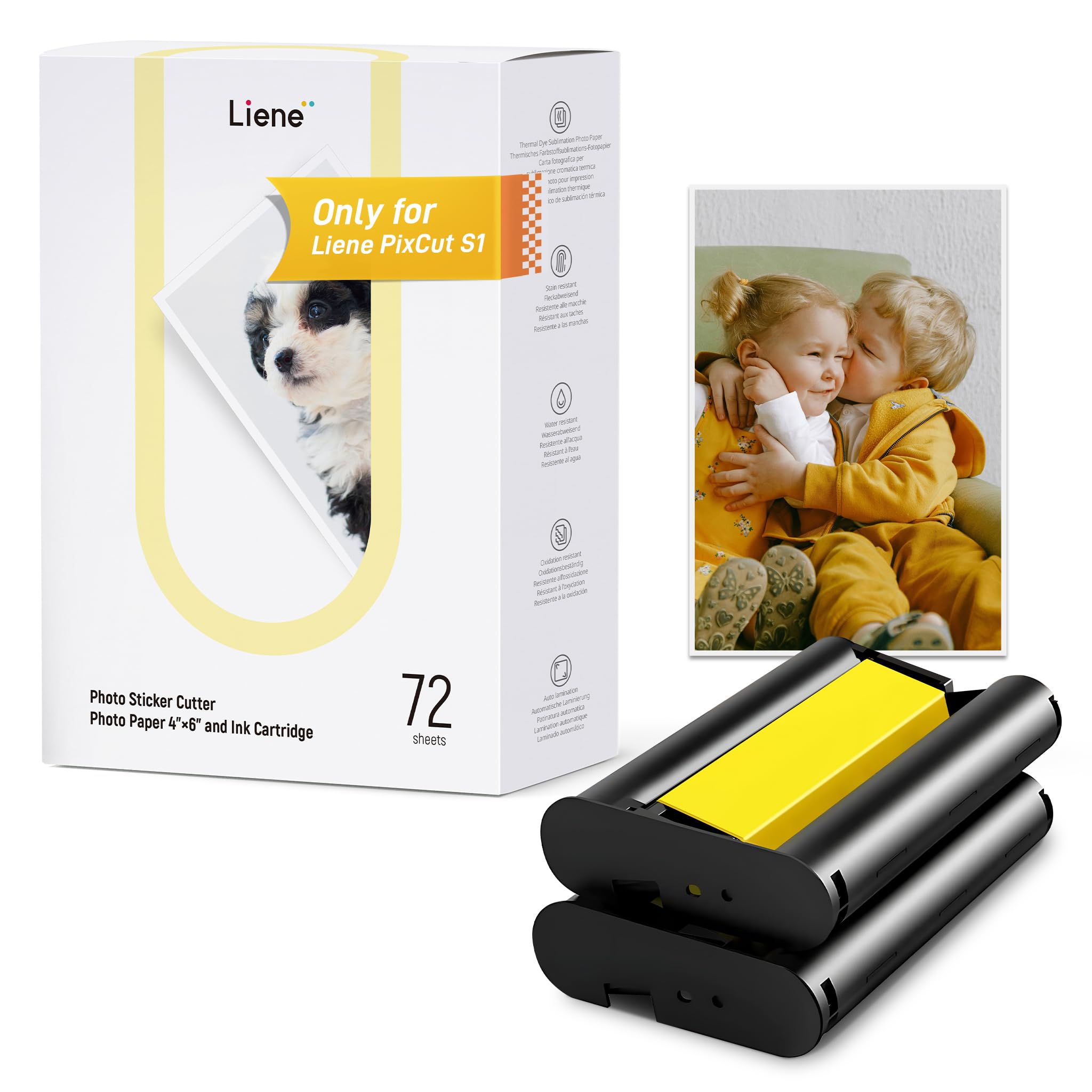 Liene Photo Paper & Cartridge, 2 Ink Cartridge Refill & 72 sheets photo papers, 4x6", Dye Sublimation, Water & Oxidation-Proof, Only for Liene PixCut