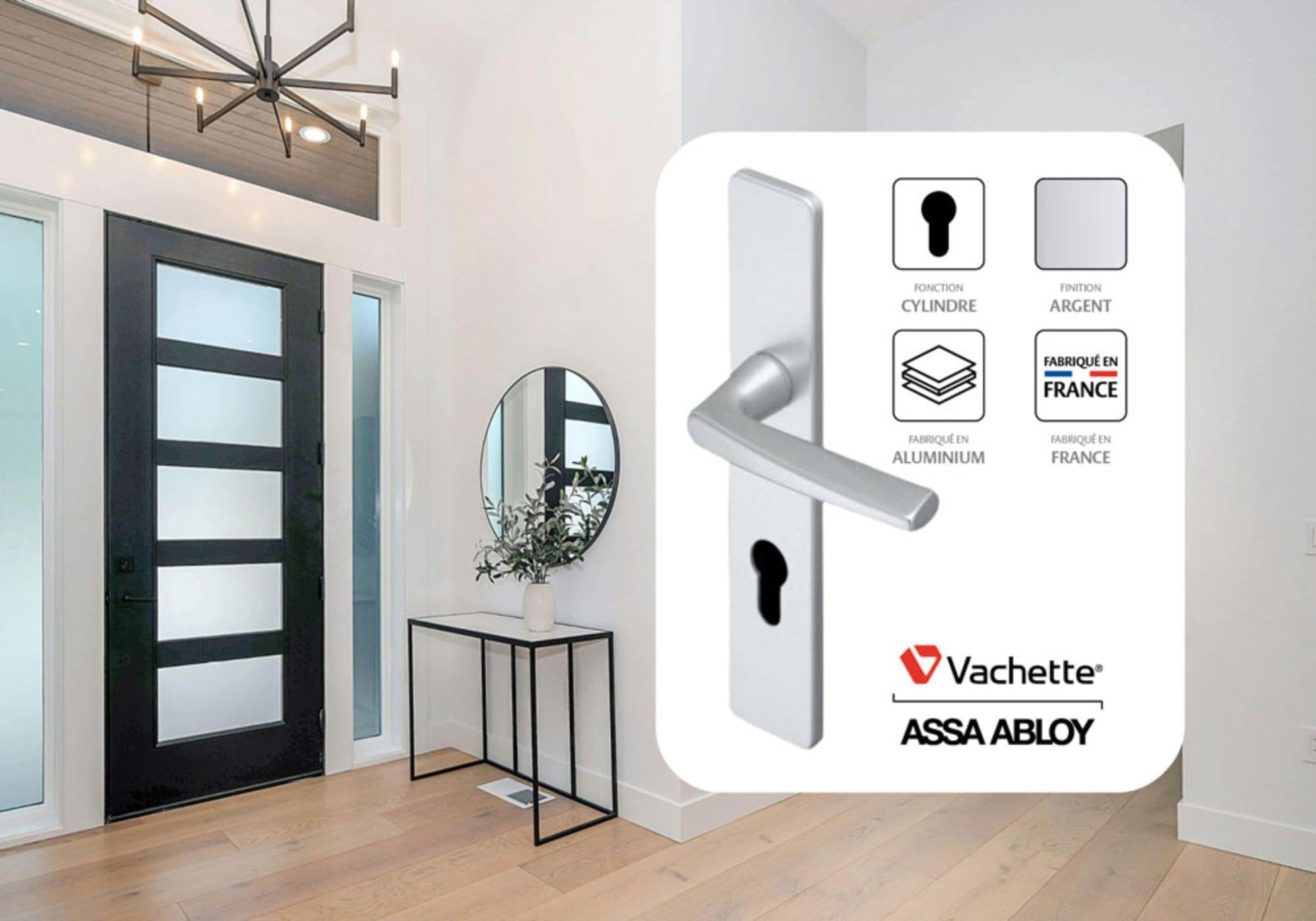 Vachette Set de Poignée de Porte sur Grande Plaque RIVIERA - Version Clé L - Porte de Chambre, Bureau - Entraxe 195 mm - Système de Pose Facile - Garantie 10 ans - Aluminium Résistant, Finition Argent