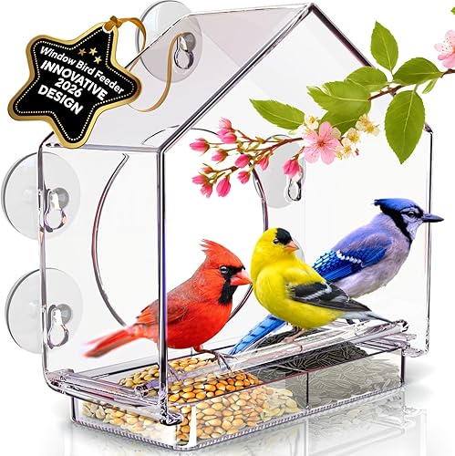 Premium Window Bird Feeder for Outside - Clear Bird House w/Largest Window for Viewing Birds - Easy to Install & Sturdy Feeder w/Extra Strong