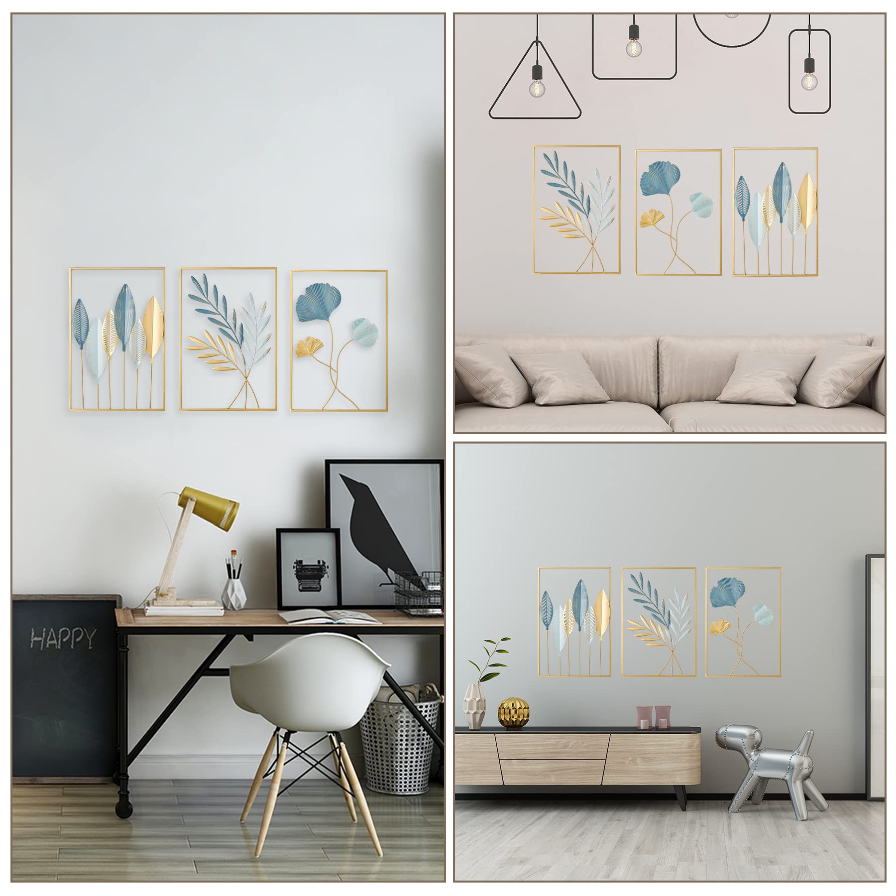 FJSPERM Decorazione da parete in metallo dorato, decorazione moderna per la casa, set di 3 sculture da parete in metallo, decorazione perfetta per soggiorno, camera da letto, cucina