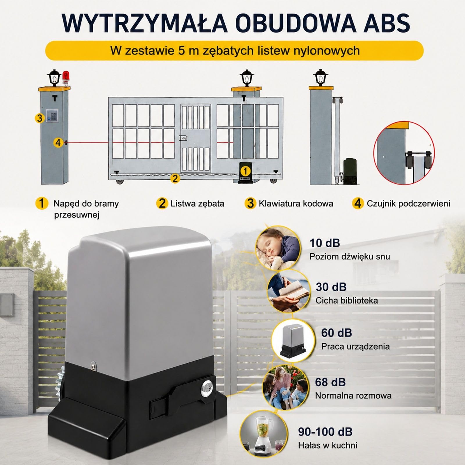Napęd do bramy przesuwnej na podjazd, 1800 kg, silnik 750 W, ręczne zwalnianie kluczem, obudowa szaro czarna