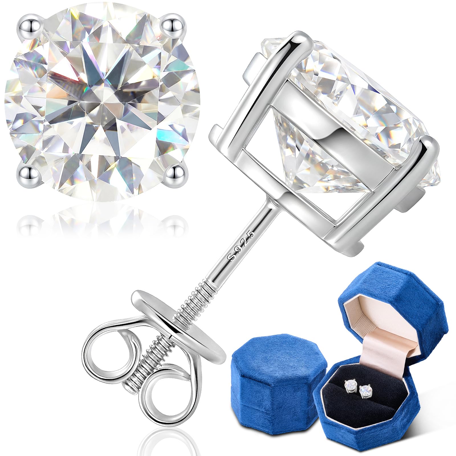 Moissanite Ohrringe Silber 925,Ohrstecker mit Anti-Verlust Schraubverschluss Hypoallergen Weißgold Beschichtet Geschenk für Frauen Mama Oma,3-6.5mm