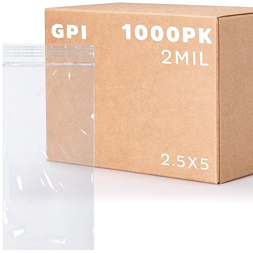 GPI - Estuche de 1000 unidades de 2.5 x 5 pulgadas de grosor, bolsas de plástico transparente con cierre de cremallera, a granel, fuertes y