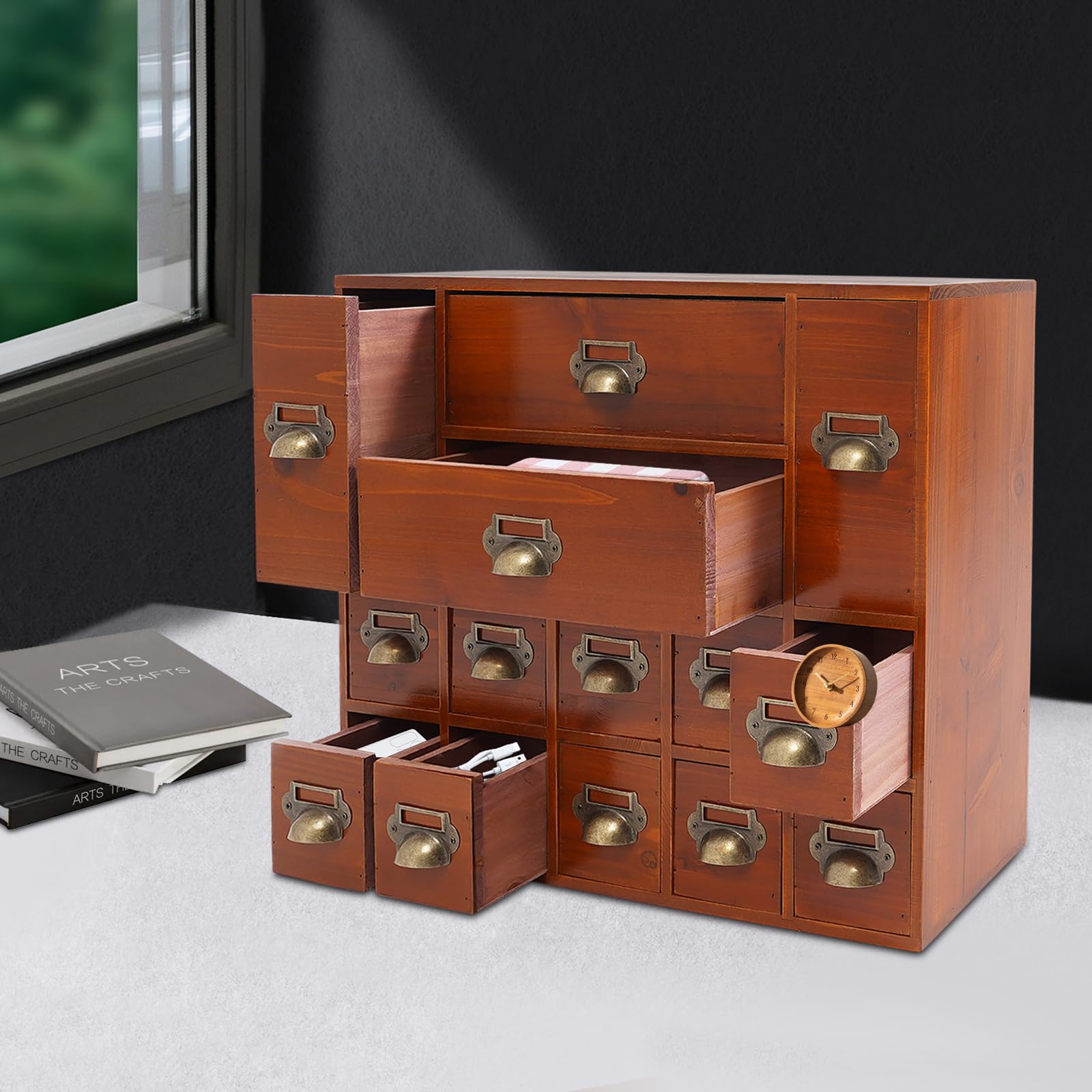 Vintage Apothekerschrank 14 Schubladen, Holz Schreibtisch-Organizer mit Schubladen, stapelbar Apothekerschrank mit Metallgriffen, für Desk Organisation und Lagerung Kräuter Aufbewahrungsbox