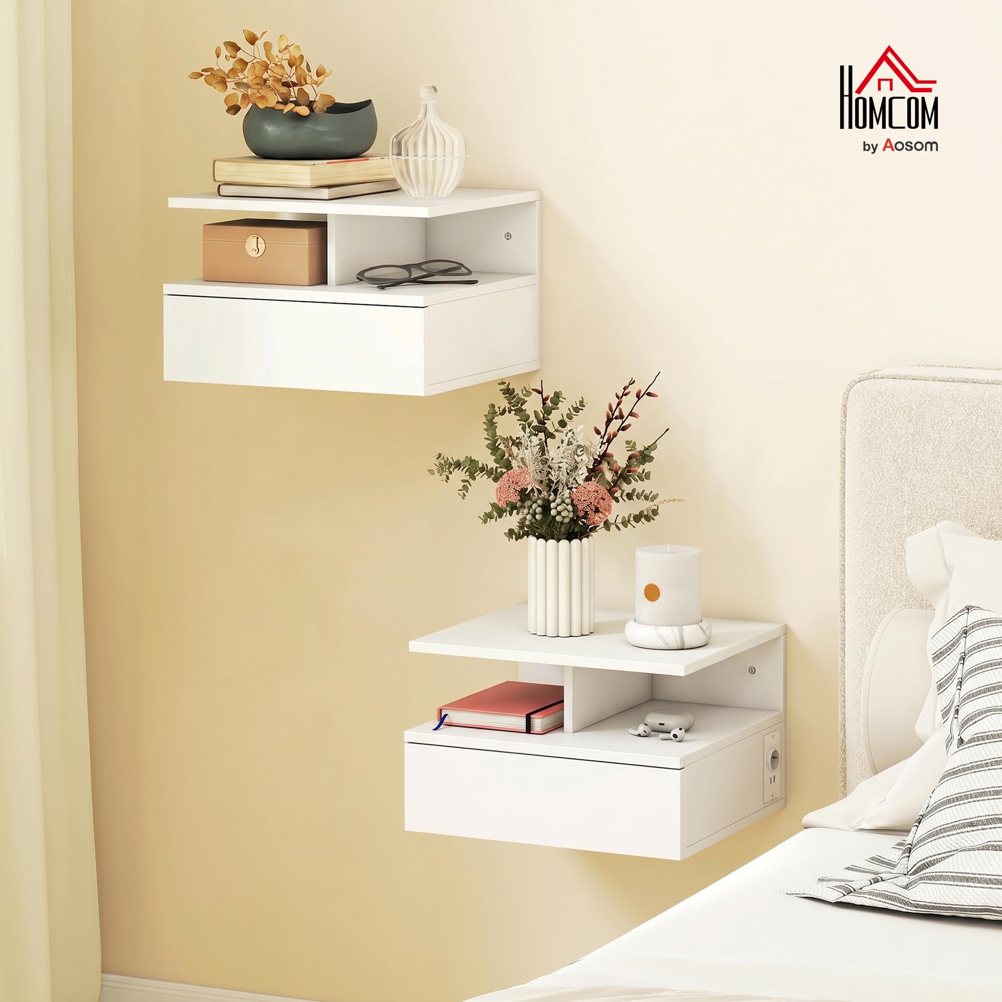 HOMCOM Set di 2 Comodini Camera da Letto Sospesi con Stazione di Ricarica, Coppia di Comodino Salvaspazio Moderno con Cassetto e Scomparto Aperto, Tavolini per Camera da Letto, 40x35x30 cm, Bianco