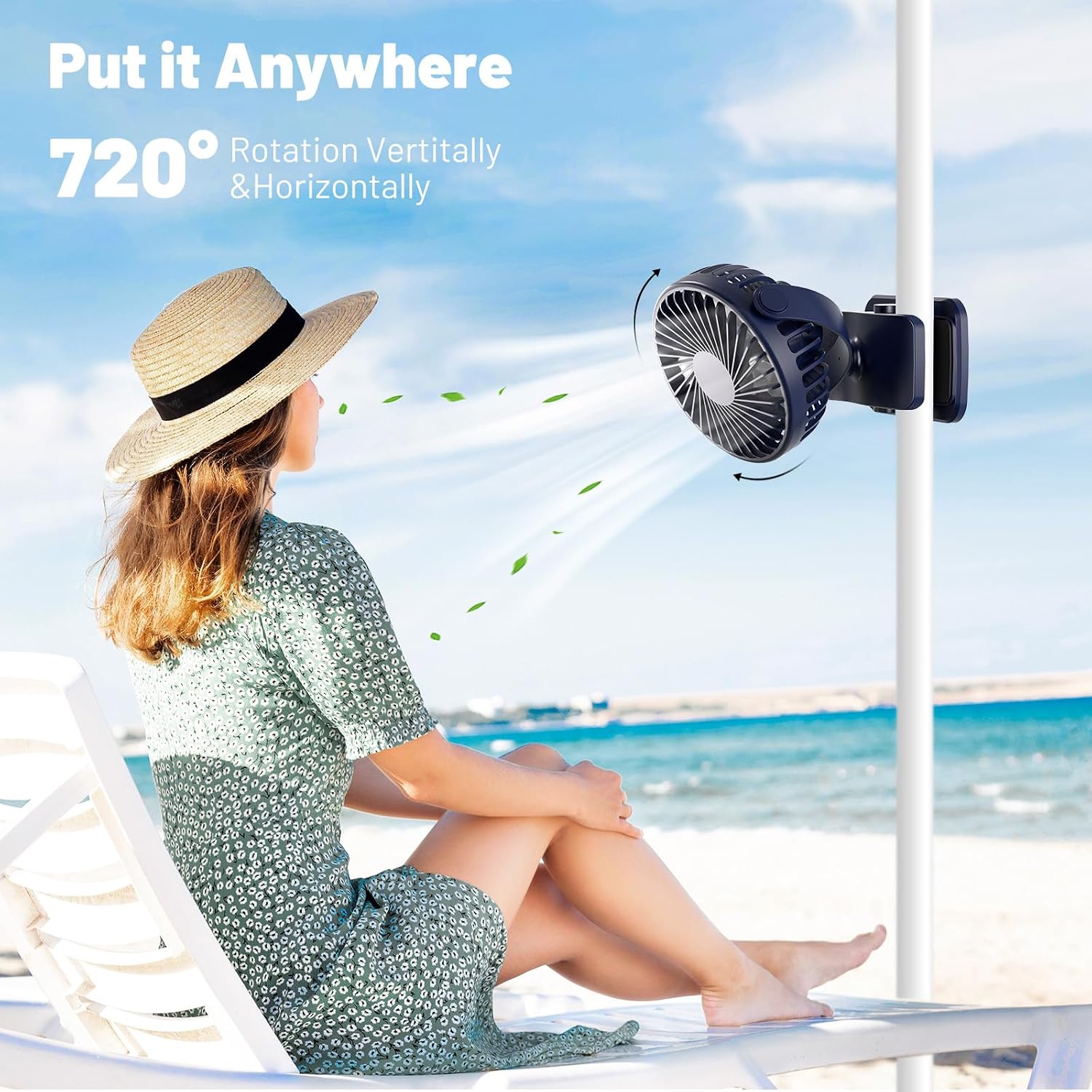 BDXXJ Portable Clip on Fan, 360° Rotate Battery Operated Stroller Fan, 3 Speed Quiet Mini Personal Table Fan, USB Rechargeable Clooing Fan for Outdoor Camping Golf Cart Stroller Home Office Blue