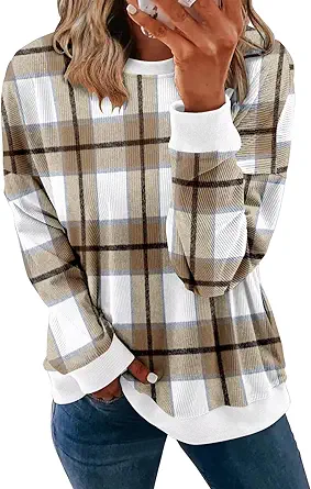 KISSMODA Women's Casual Long Sleeve Sweatshirt Color Block/Solid Crewneck Corduroy Pullover Cute Tops