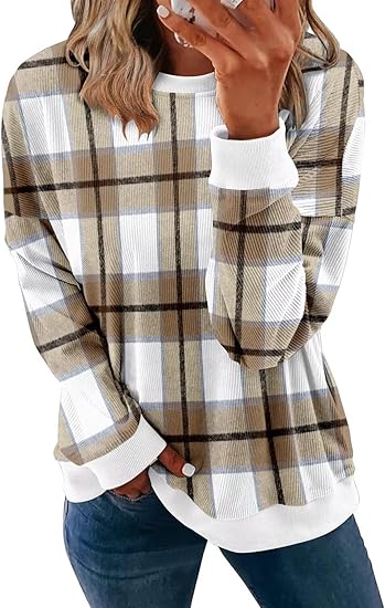 KISSMODA Women's Casual Long Sleeve Sweatshirt Color Block/Solid Crewneck Corduroy Pullover Cute Tops