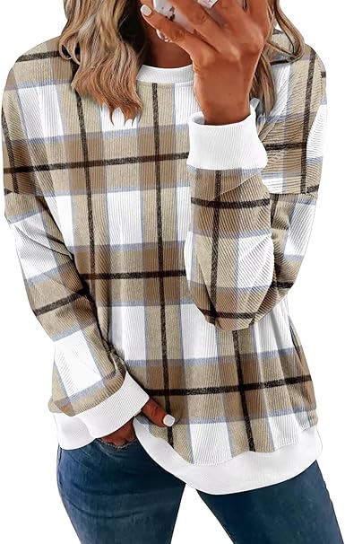 KISSMODA Women's Casual Long Sleeve Sweatshirt Color Block/Solid Crewneck Corduroy Pullover Cute Tops
