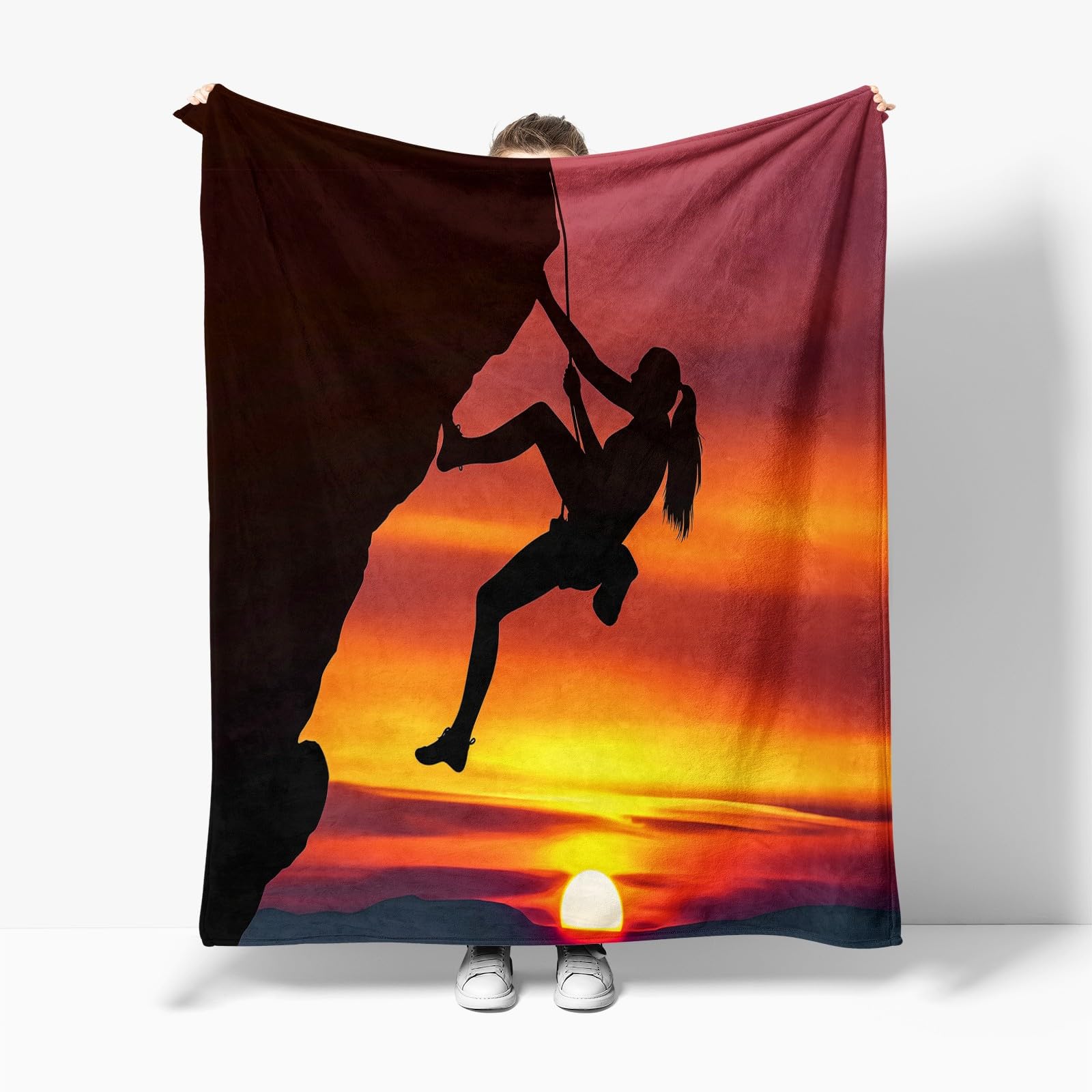 Generico Coperta Pile Arrampicata Su Roccia Tramonto Rosso 220x240 cm Coperta Flanella Singolo Matrimoniale Morbida Caldo, Coperta Plaid Pile Sherpa, per Letto, Divano, Coperta Invernale
