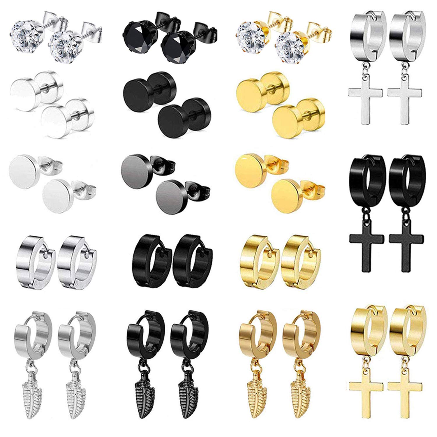 Aroncent 15 Pairs Mens Earrings Cross Earrings for Men Hoop Earrings Dangle Cross Earrings Fake Earrings CZ Stud Earrings for Men Women Stainless