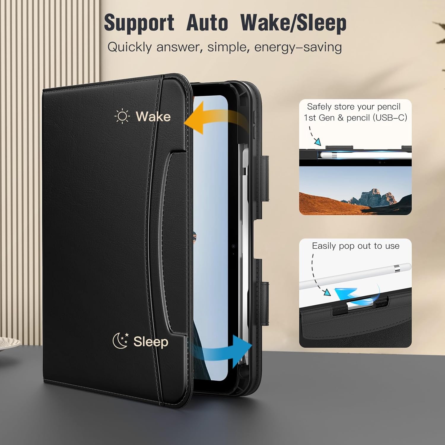 MoKo for iPad A16 Case 11-inch, iPad 11th/10th Generation Case (2025/2022) with Pencil Holder & Pocket, Premium Leather Folio Stand Cover, Multiple Viewing Angles, Black - Image 6