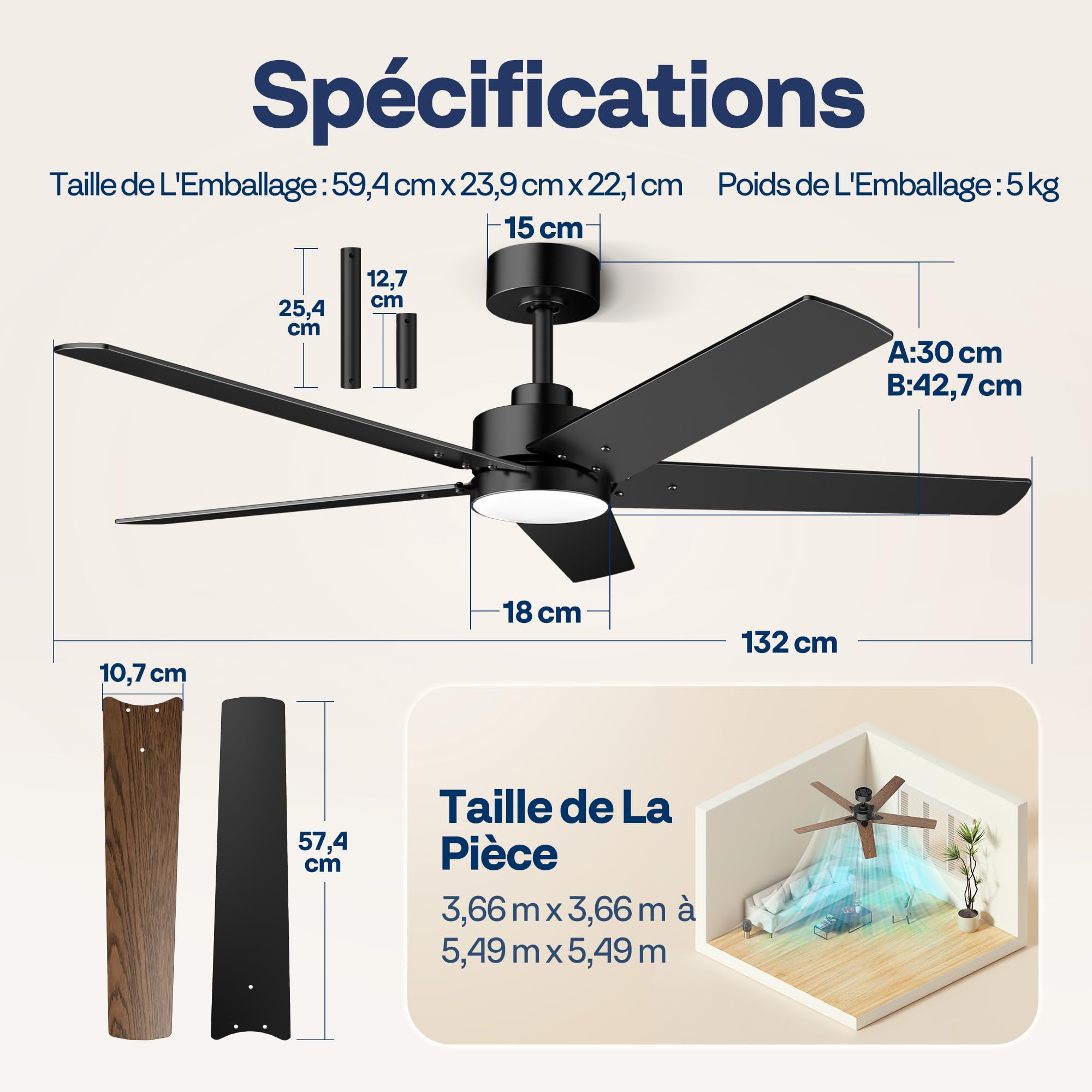 VIVOHOME Ventilateur de Plafond avec Lumières 132cm 50W Lampe Intégrée, Télécommande Minuterie 6+1 Vitesses 5 Pales Silencieux Reversible Noir