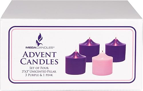 Miniatura 4 de Mega Candles Juego de 4 velas de Adviento de Navidad sin perfume, vertidas a mano de cera de alta calidad, velas de pilar redondas de 3 x 3