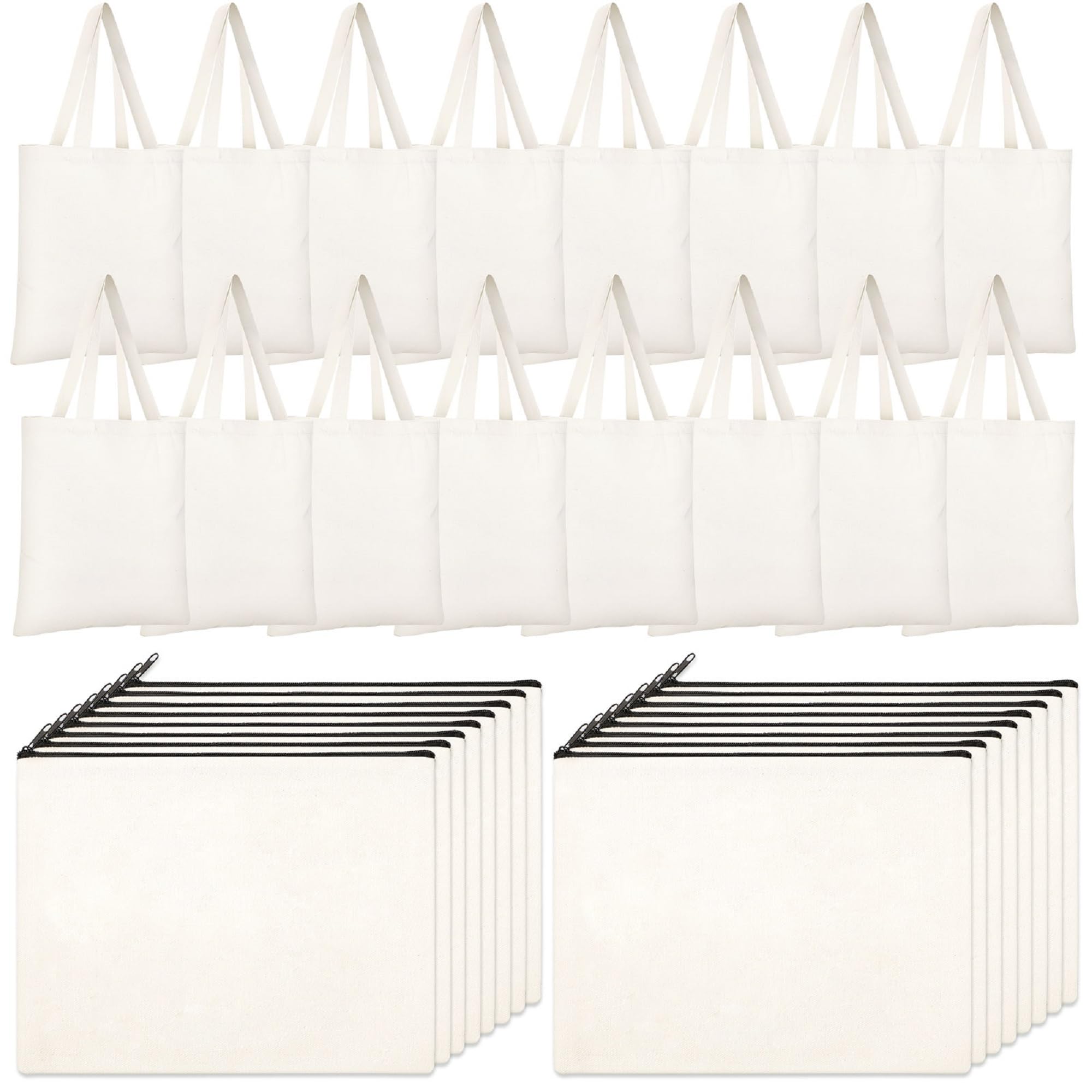 Silkfly 32 Pcs DIY Canvas Tote Bags Inner Pocket Reusable Bags Bulk Cosmetic Zipper Makeup Pouch for Gift(Beige)