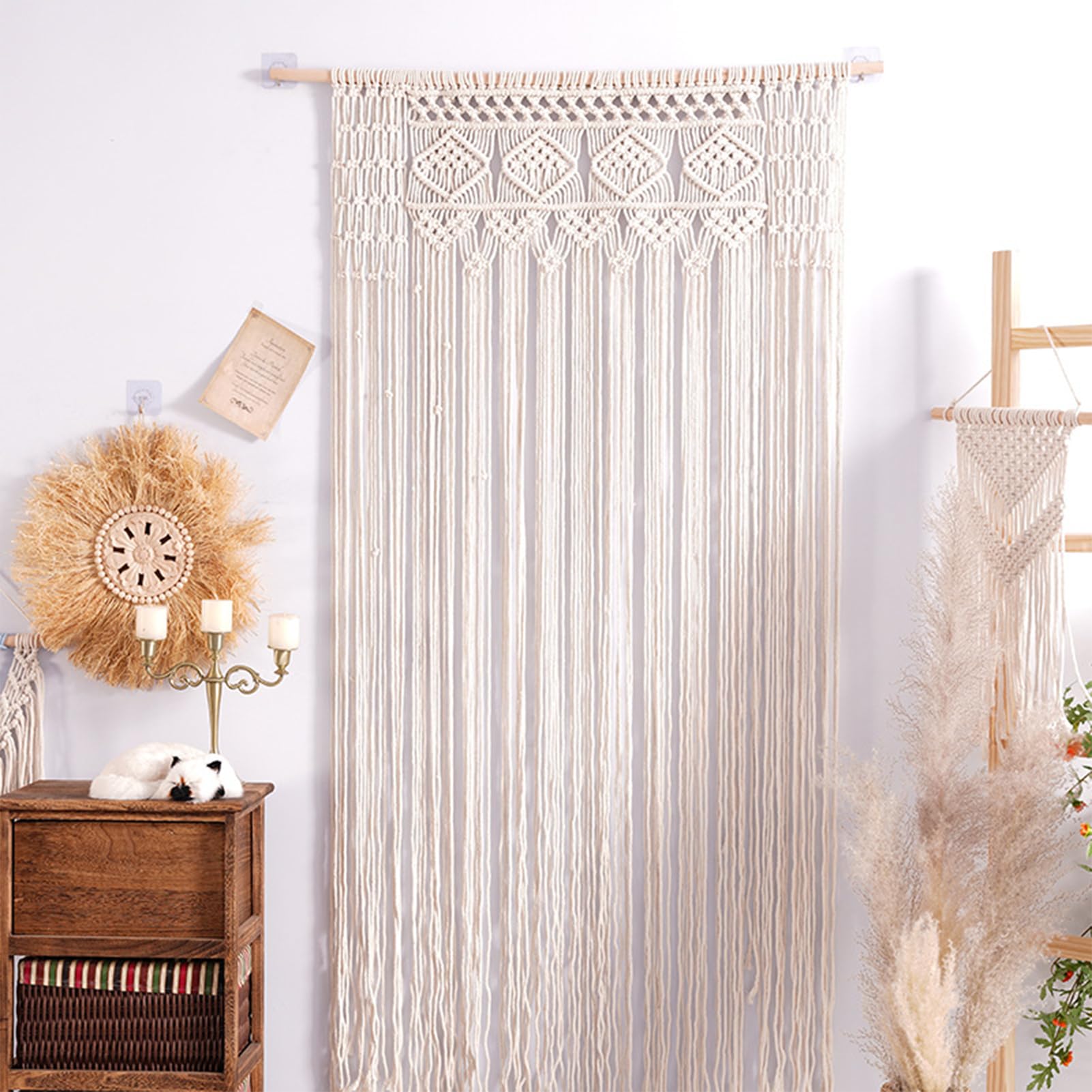 Boho Vorhang Makramee Blickdicht, Baumwolle Vorhänge mit Kräuselband für Schlafzimmer & Wohnzimmer – Behang als Raumteiler für Hochzeitsdeko(180 * 95cm)