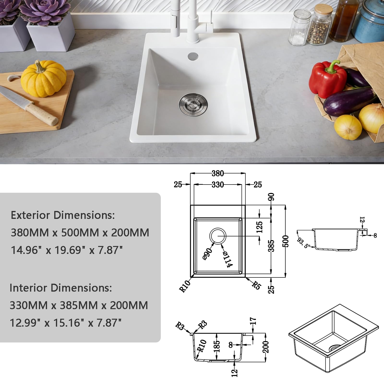 Evier Cuisine en Granit Blanc 38x50cm, Lavabo 1 bac, Évier à Encastrer Mueble 40cm, avec Bonde et Kit de Trop-Plein, Grille Enroulable et Siphon