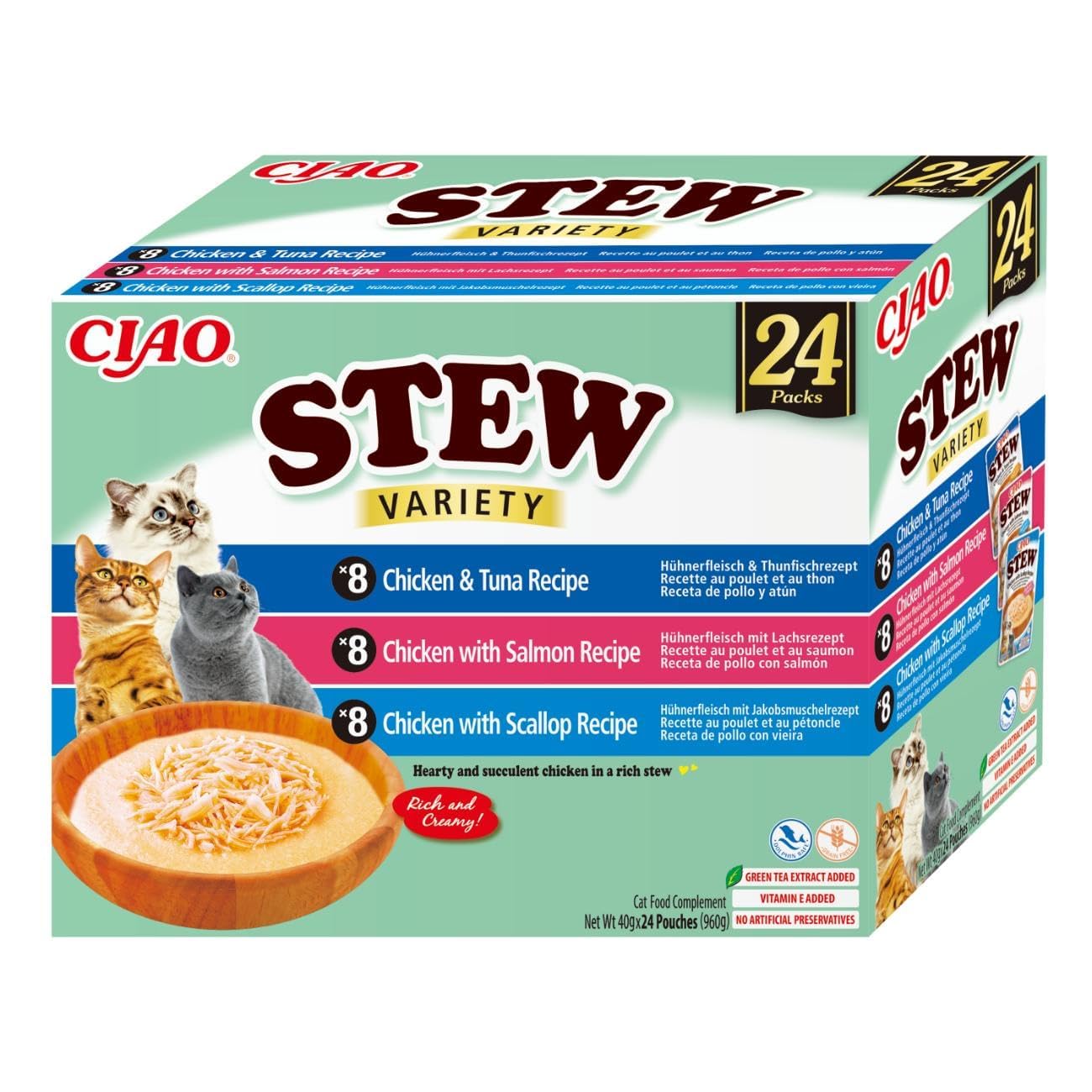 INABA Ciao Stew Gatos - Receta Saludable de Estofado Cremoso con Pollo, Atún, Salmón y Vieira - Comida Húmeda con Tiras de Pollo - Alimento Natural sin Cereales - 960g (24 Sobres x 40g)