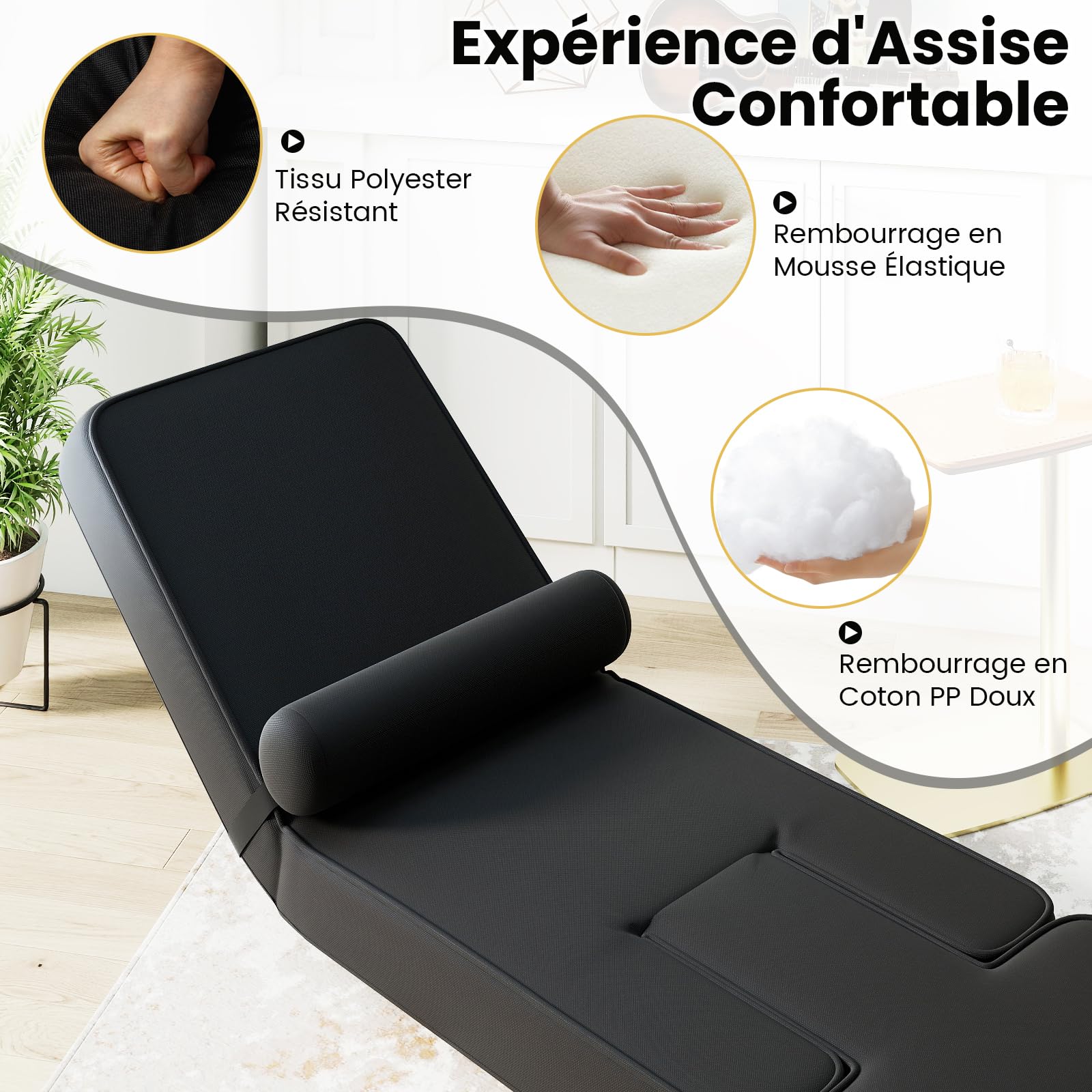 COSTWAY Canapé Paresseux Pliable, Fauteuil de Sol Gaming avec Dossier Réglable en 5 Positions, Repose-Pieds, Tablette, Coussin Confortable, Siège Relax Rembourré, Idéal pour Méditation, Lecture, Noir