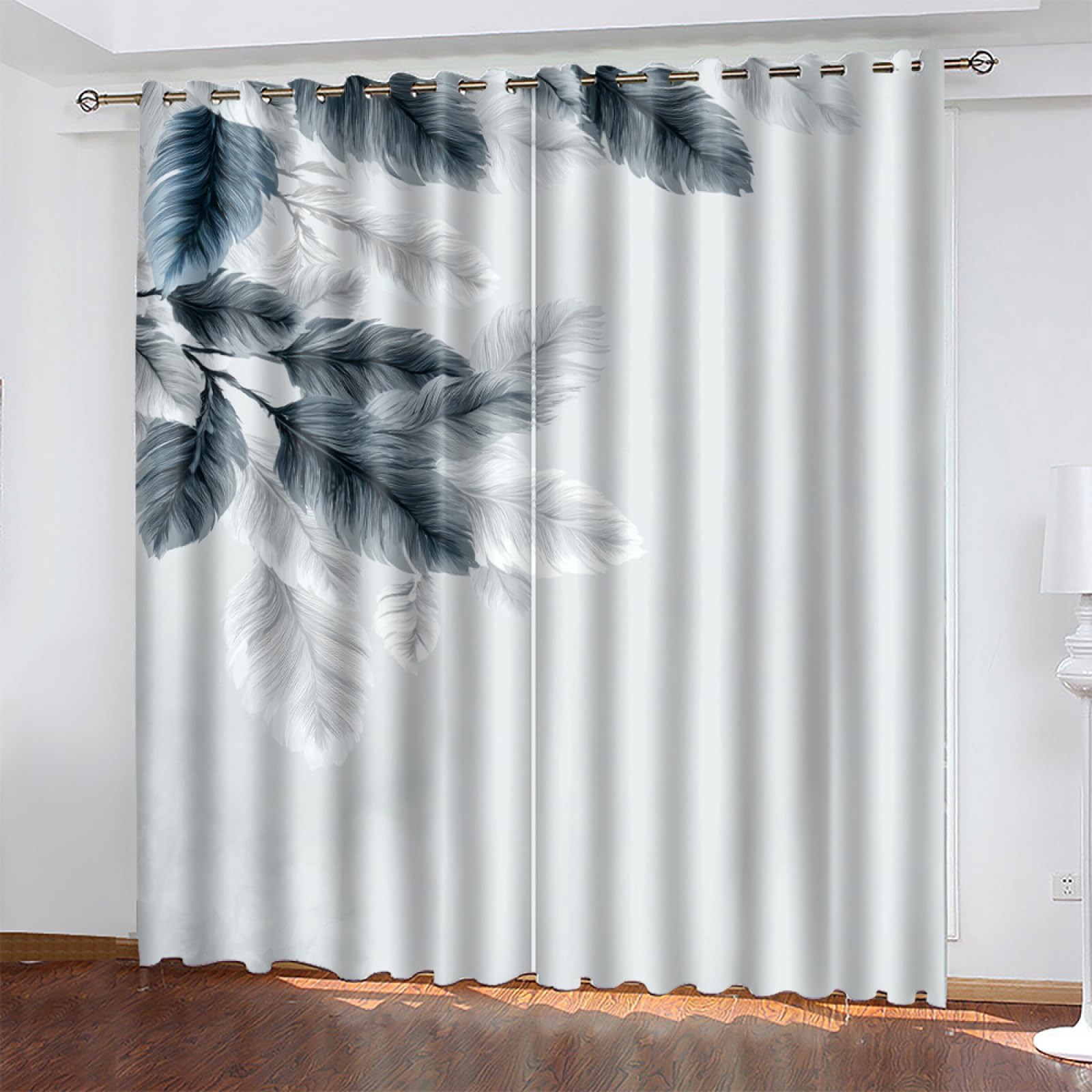 Wazylphin Blackout Eyelet Curtains Grey Leaves White Thermal Blackout Curtains for Bedroom Living Room Black Out Curtain Reduce Noise Eyelet Curtins Durable Polyester Thick Window Curtain 2x75x166cm