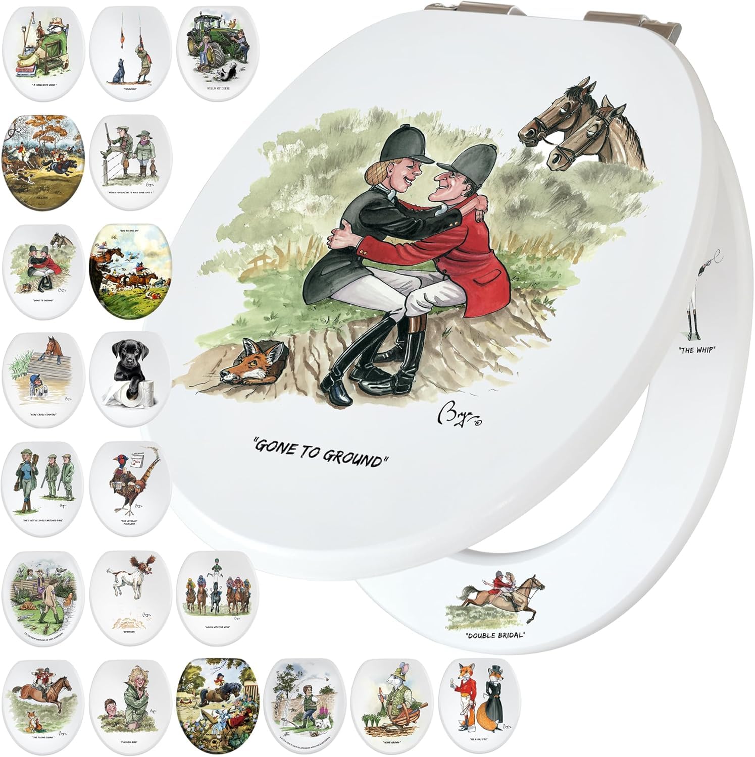 Fun Novelty Toilet Seat Soft Close, Easy Fit, Printed On 3 Surfaces With Bryn Parry Equestrian,Fox & Hound Art. Country Home & Farmhouse Decor With Equestrian Flair, Fun Thoughtful Gift for Him & Her.