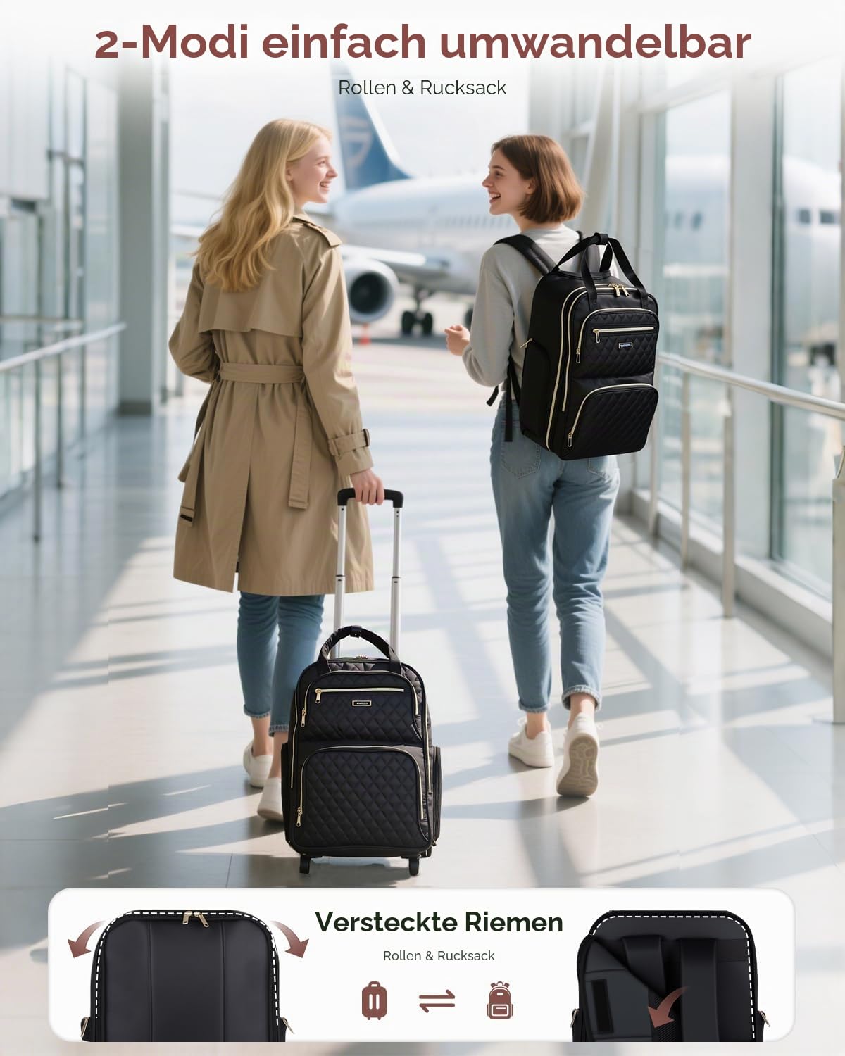 Ponhog Rucksack mit Rollen für Damen - 16 Zoll Business Laptop Trolley & Reiserucksack als Handgepäck, Laptoptasche für Arbeit, College und Reisen, Schwarz