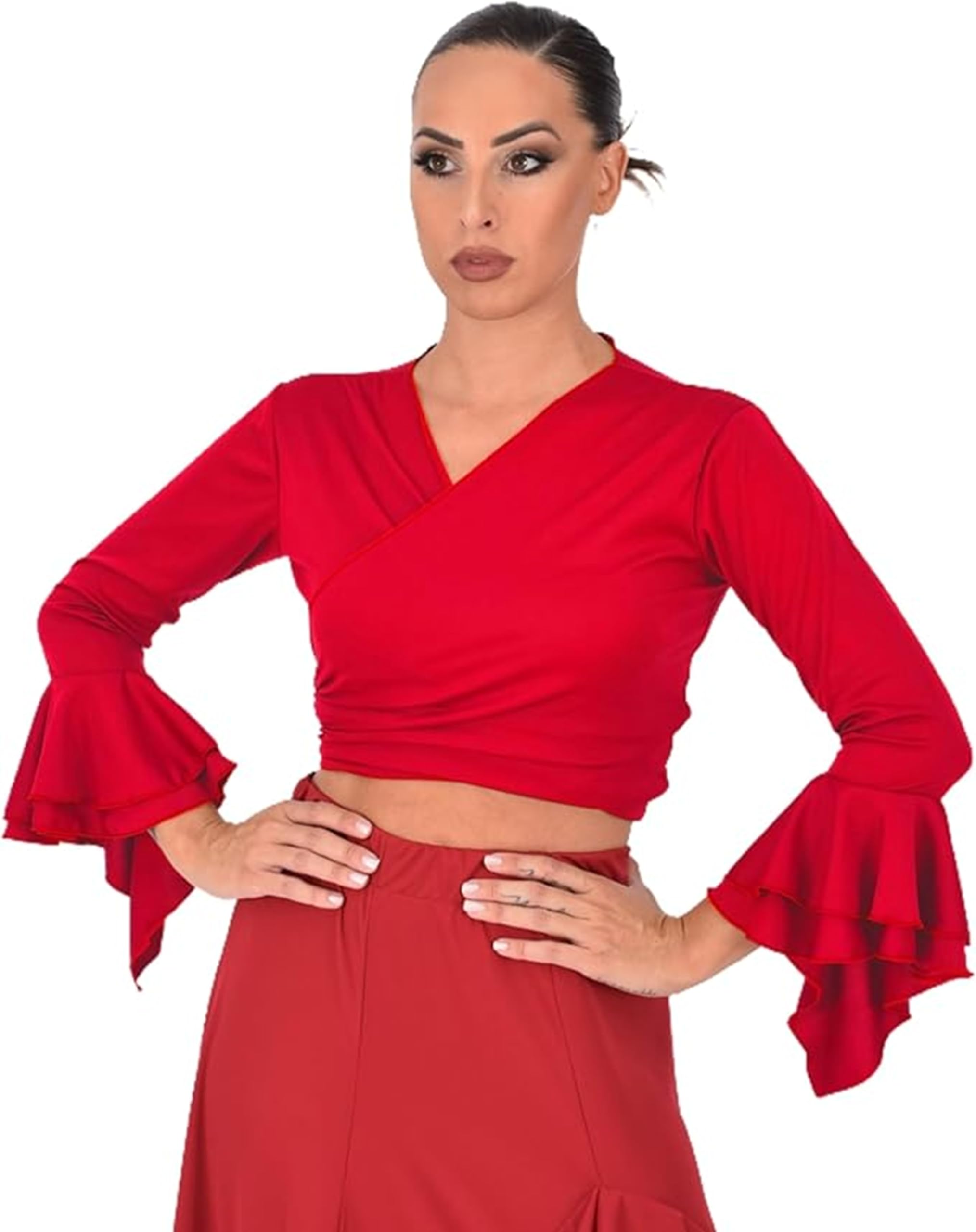 Bolero Torera Top Cruzado Flamenco Tejido elástico Manga Larga con Dos Volantes — view 4
