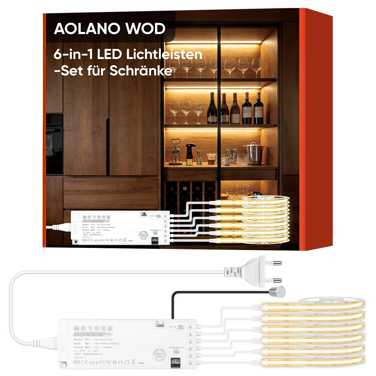 Schrankbeleuchtung Set, COB LED Strip 2 m 6 Rollen, Warmweiß Dimmbar mit Touch-Schalter, Kürzbar, Geeignet für Vitrinen, Weinschränke, Ausstellungsvitrinen und Küchen