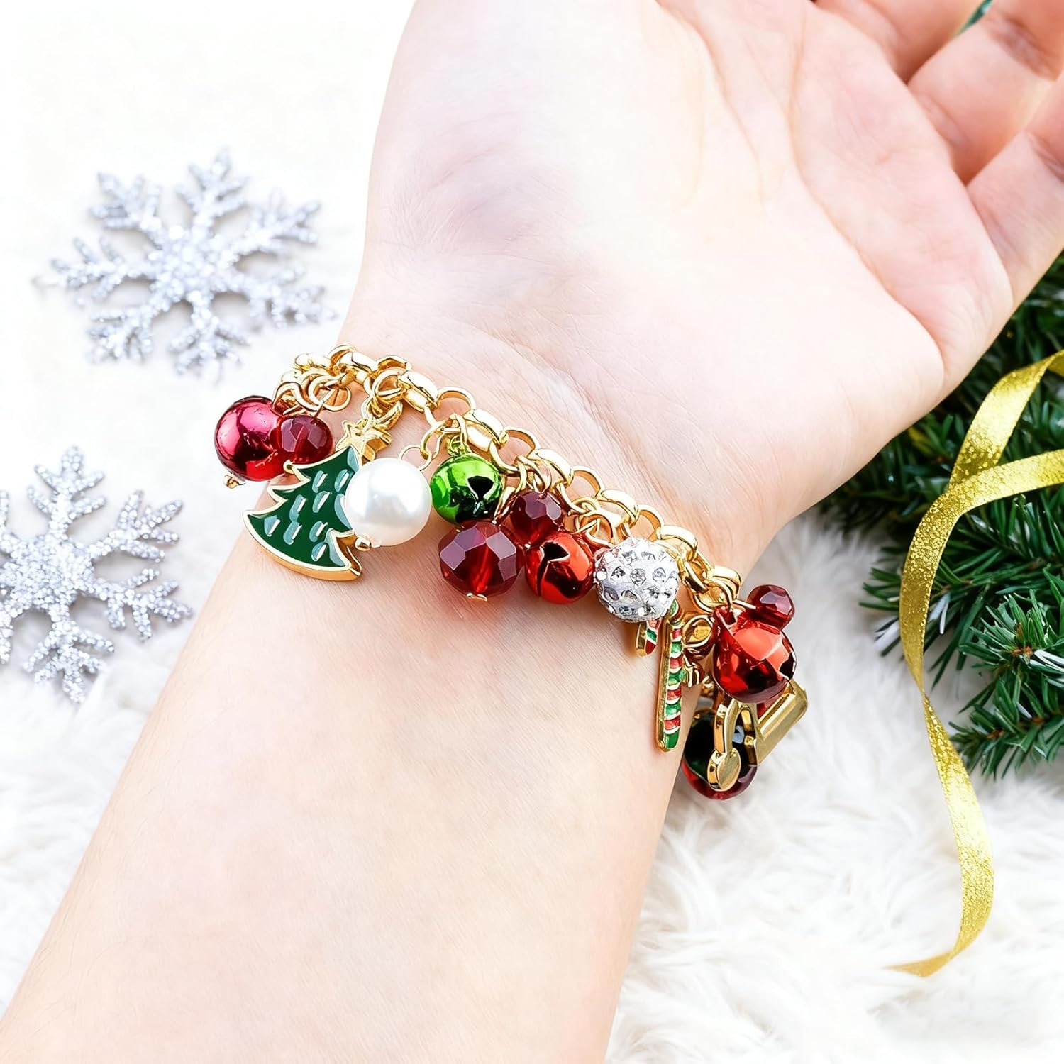 Christmas Bracelets for Women Christmas Jewelry for Women Xmas Charms Jingle Bells Snowflake Tree Charms Xmas Party Costume Accessories Gift with Adjustable Alloy Drop Christma Stocking Stuffers - Image 4
