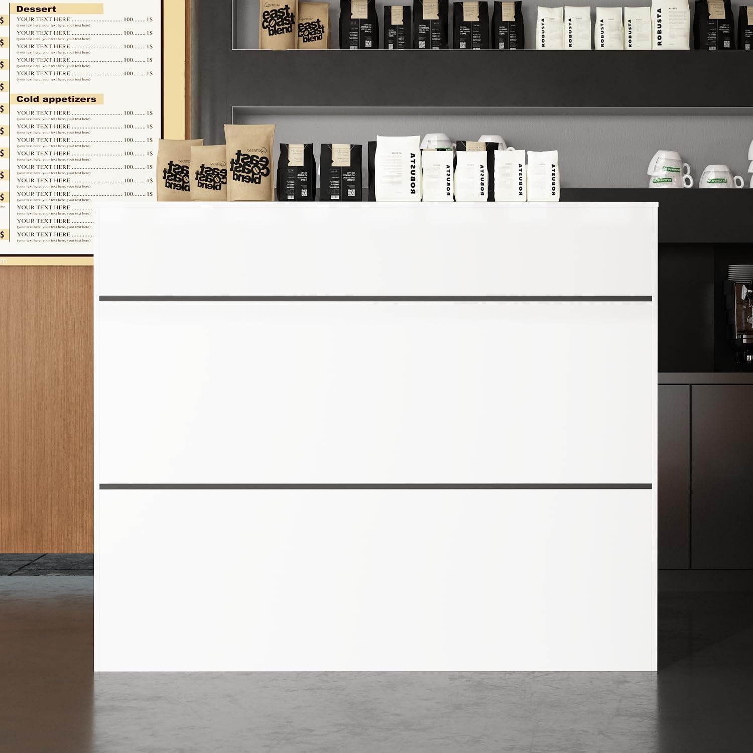 Bureau d'accueil Blanc 120cm – Comptoir de Caisse à Double Niveau de Travail, Surface 117cm – Banque d'accueil pour café, Magasin, Bureau, hôtel, 120×100×50cm