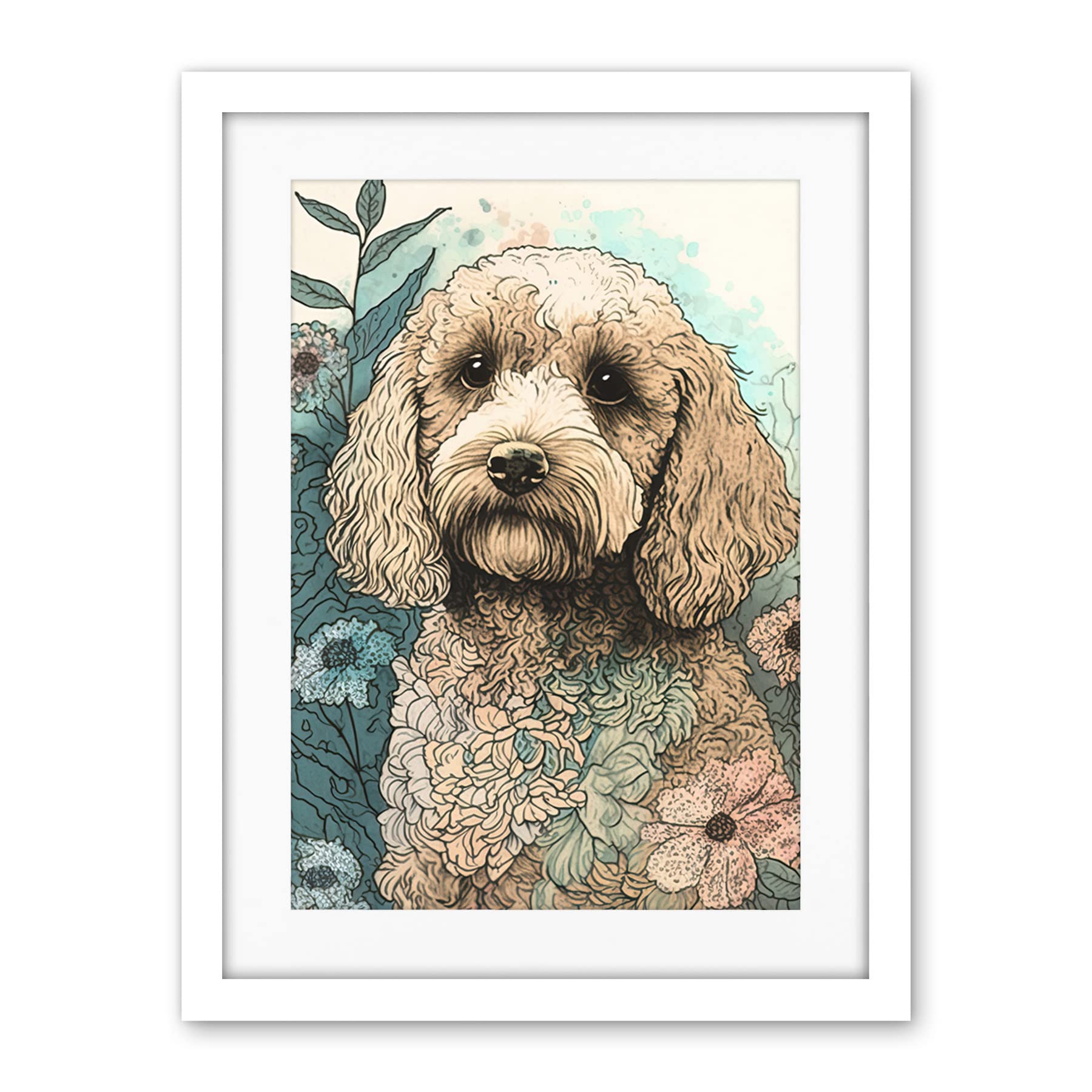Artery8 Cockapoo Dog in Wildflower Field Pastel Watercolour Illustration Artwork Framed Wall Art Print 18X24 Inch