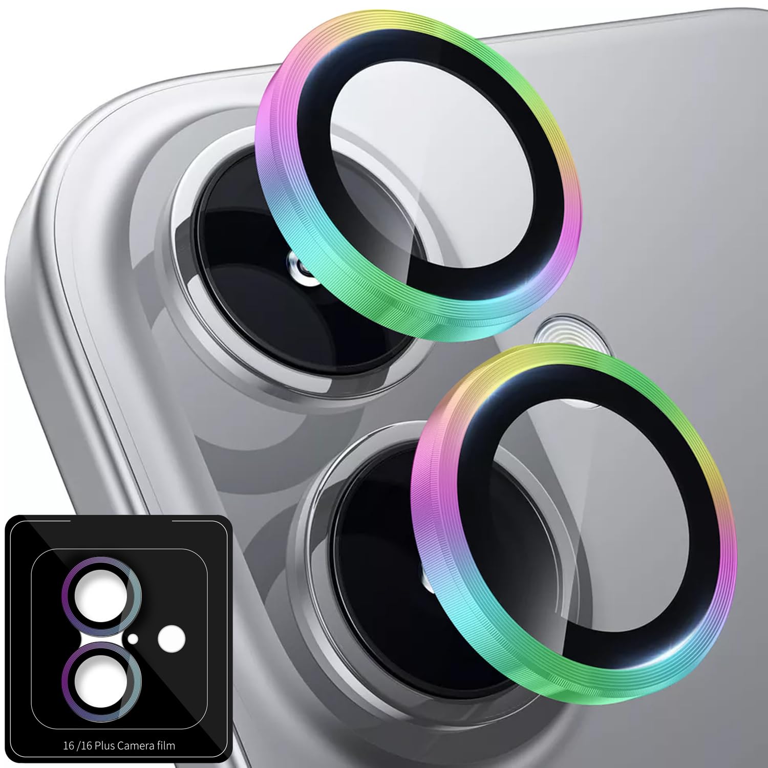 2 Pack Camera Lens Protector for iPhone 16 Plus,1 Step Installation Tray Individual Metal Ring Cover with 9H HD Anti-Scratch Shatterproof Tempered Glass Camera Lens Protector(Colorful, 16/16 Plus)