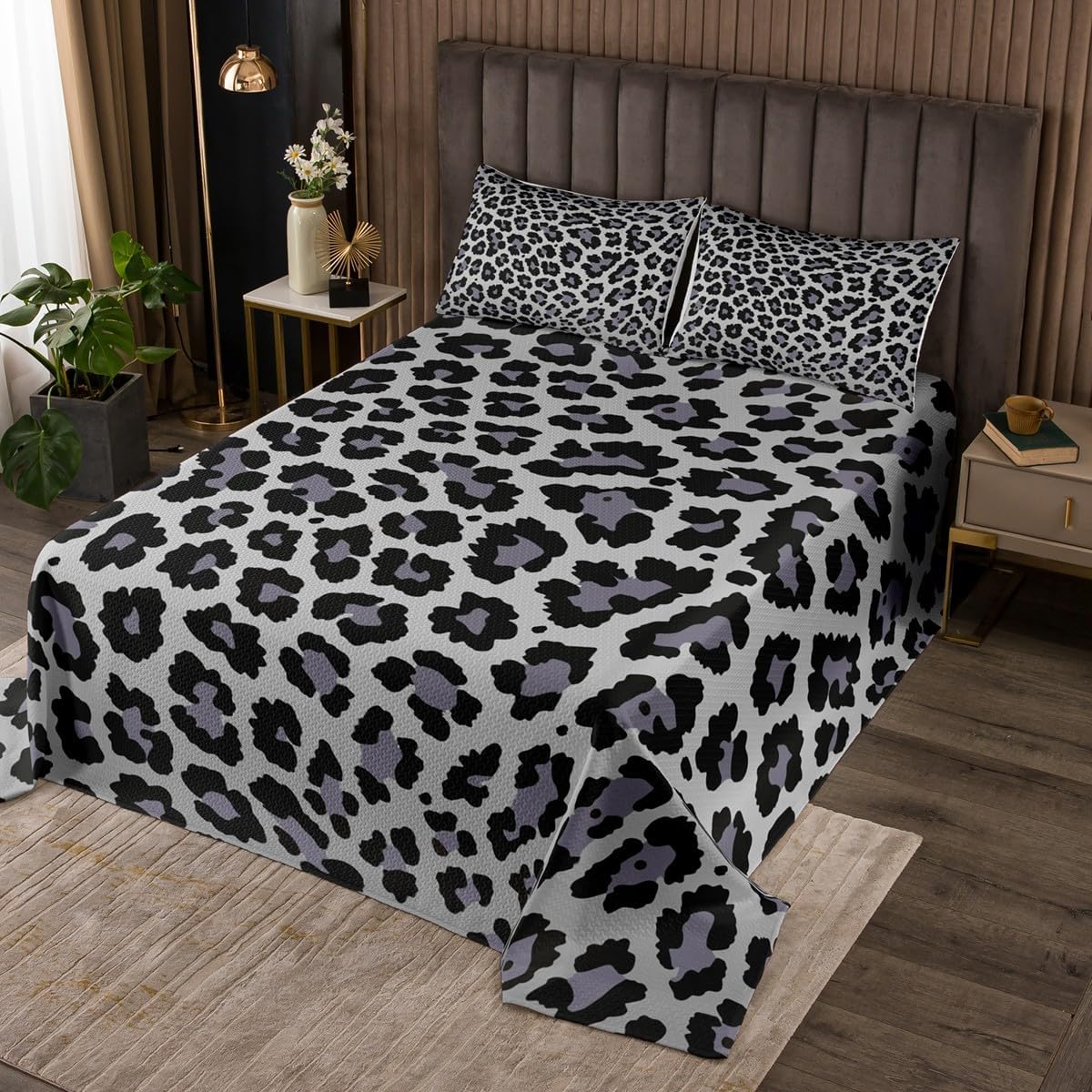 Leopard Print Coverlet Set for Girls Boys Children Grey Black Cheetah Print Quilted Coverlet Africa Animal Wildlife Bedspread Safari Skin Texture Quilted Bedroom Collection King Size 3Pcs Bedding Set
