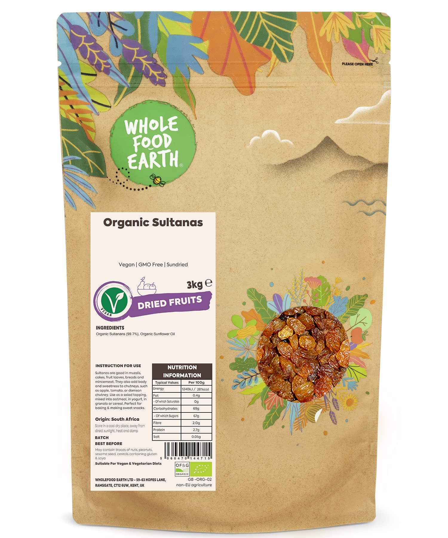 Wholefood Earth Organic Sultanas – 3kg | Vegan | GMO Free | Sundried | Certified Organic