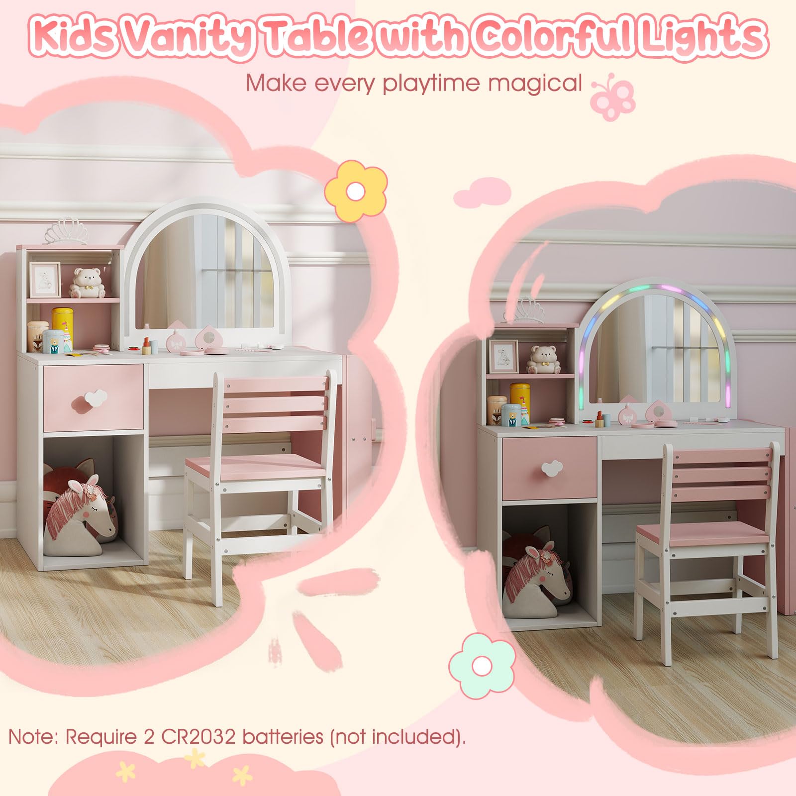 RELAX4LIFE 2 in 1 Toeletta Trucco Bambina con Luci Colorati, Tavolo e Sedia in Legno con Specchio Acrilico e Libreria, Postazione Trucco per Bambini 3+ Anni (Bianco)