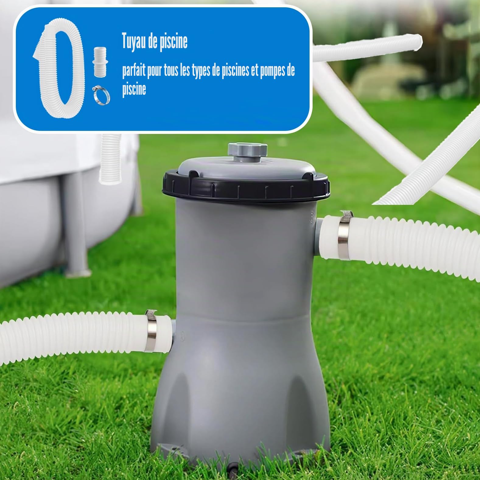 Lot de 2 tuyaux de piscine de 32 mm pour pompes de piscine avec 4 clips de sécurité et 1 raccord de tuyau, idéal pour les pompes de filtre, les nettoyeurs de piscine, les chauffages de piscine et les