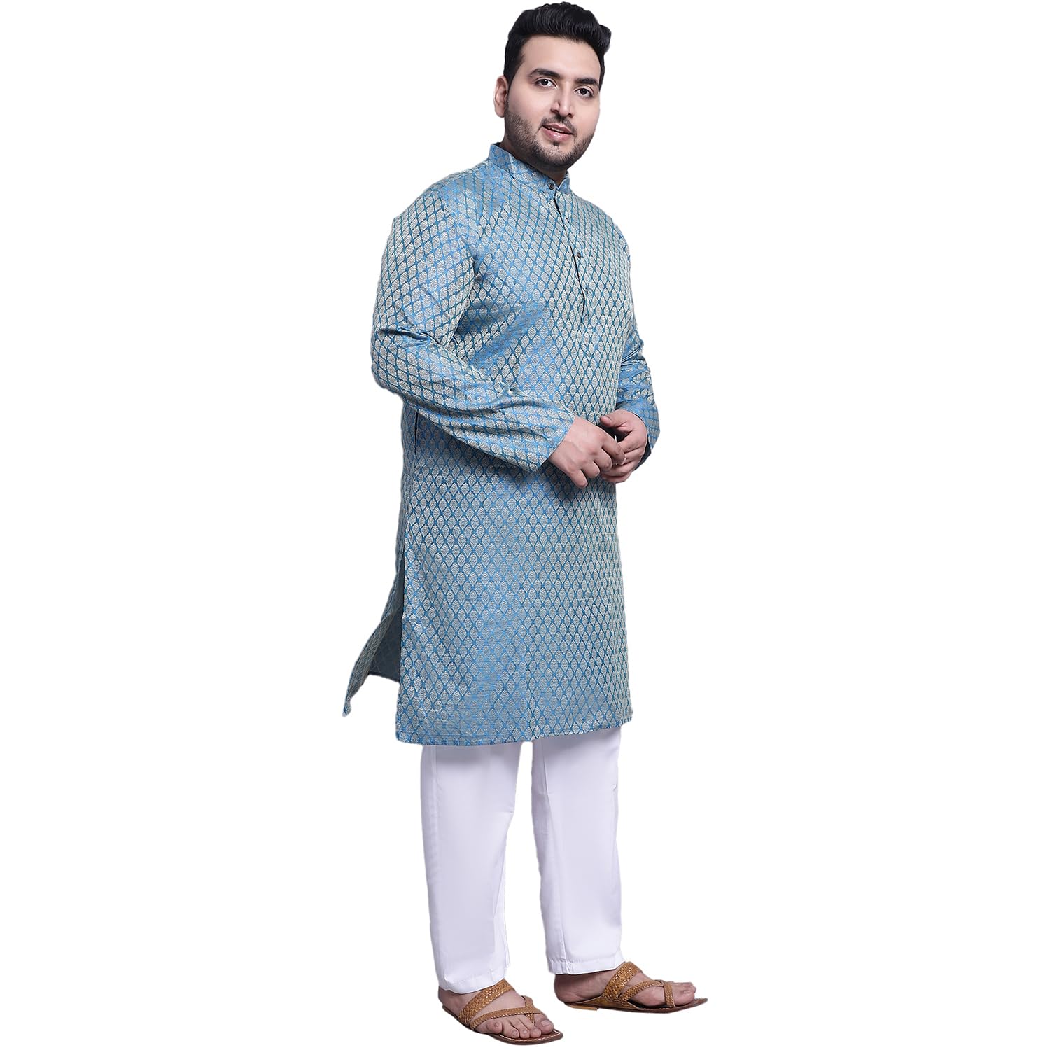 Sojanya (Since 1958 Men's Silk Blend Pblue Kurta & Cream Printed Nehrujacket With White Pyjama